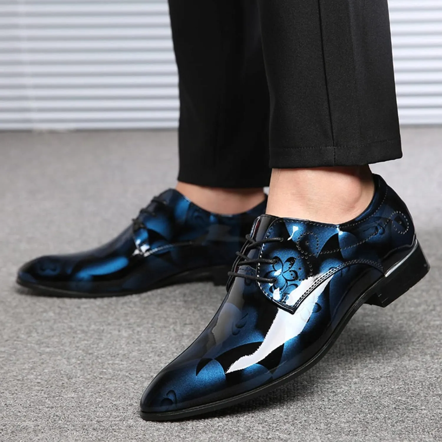 Men Fashion Dress Business Shoe Lace Up Slip On Walking Shoes Pointed Toe Floral Print Leather Low Heel Oxford Sneaker