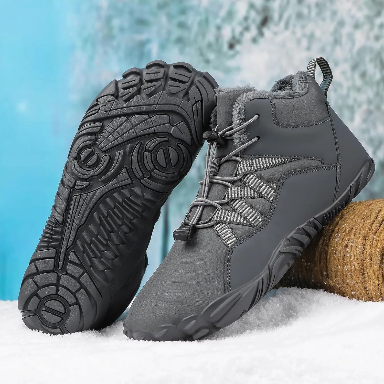 Men's & Women's Winter Barefoot Hiking Boots, Zero Drop, Waterproof, Wide Toe Box, Slip-On, Lightweight Fur Lining, Ankle Booties, Ideal for Hiking, Walking, Trail Running, Snow Adventures, Unisex
