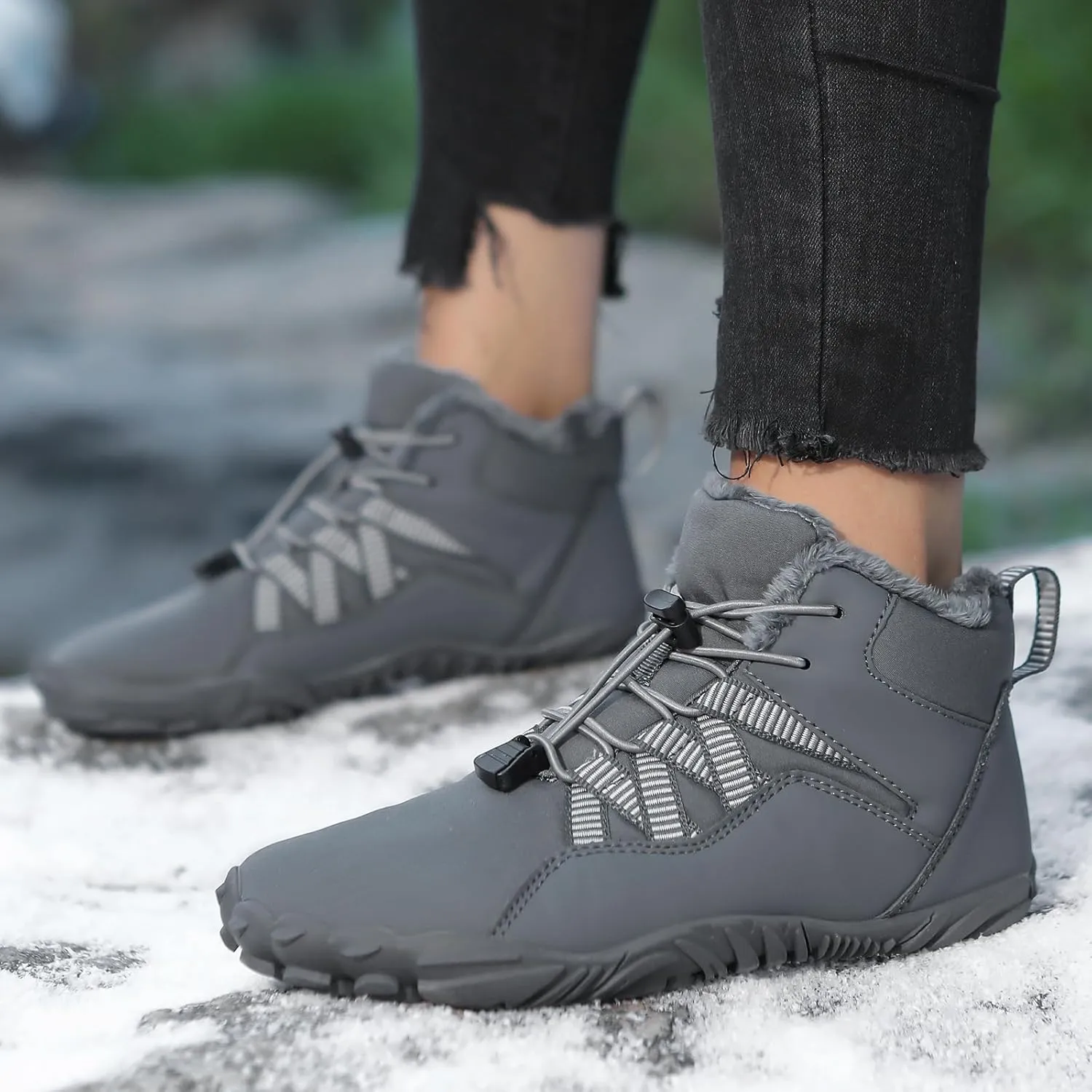 Men's & Women's Winter Barefoot Hiking Boots, Zero Drop, Waterproof, Wide Toe Box, Slip-On, Lightweight Fur Lining, Ankle Booties, Ideal for Hiking, Walking, Trail Running, Snow Adventures, Unisex