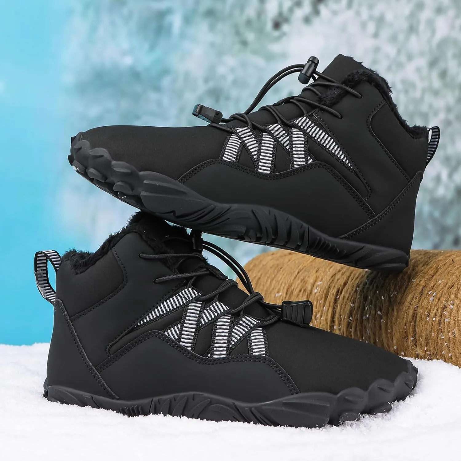 Men's & Women's Winter Barefoot Hiking Boots, Zero Drop, Waterproof, Wide Toe Box, Slip-On, Lightweight Fur Lining, Ankle Booties, Ideal for Hiking, Walking, Trail Running, Snow Adventures, Unisex