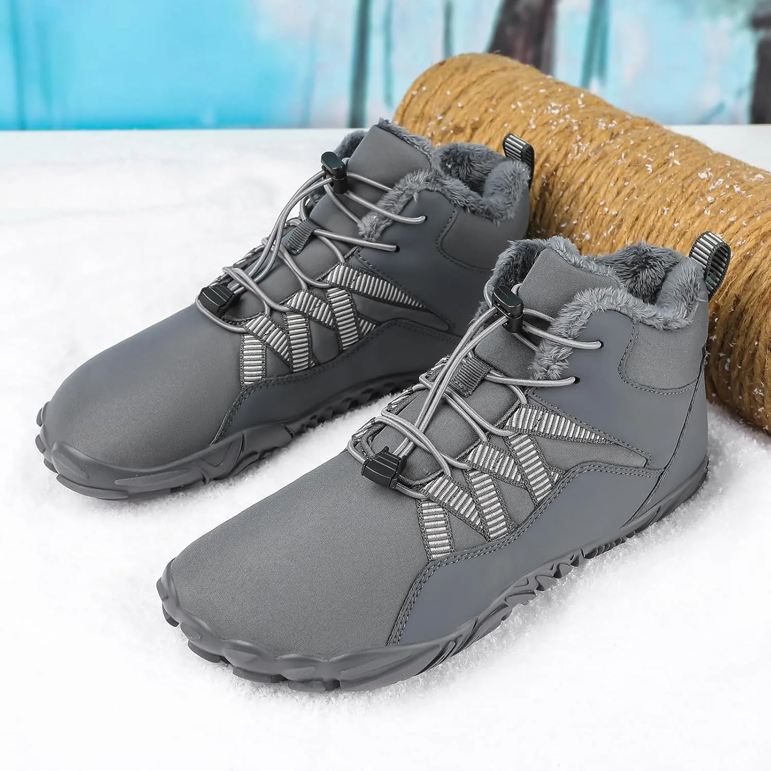 Men's & Women's Winter Barefoot Hiking Boots, Zero Drop, Waterproof, Wide Toe Box, Slip-On, Lightweight Fur Lining, Ankle Booties, Ideal for Hiking, Walking, Trail Running, Snow Adventures, Unisex