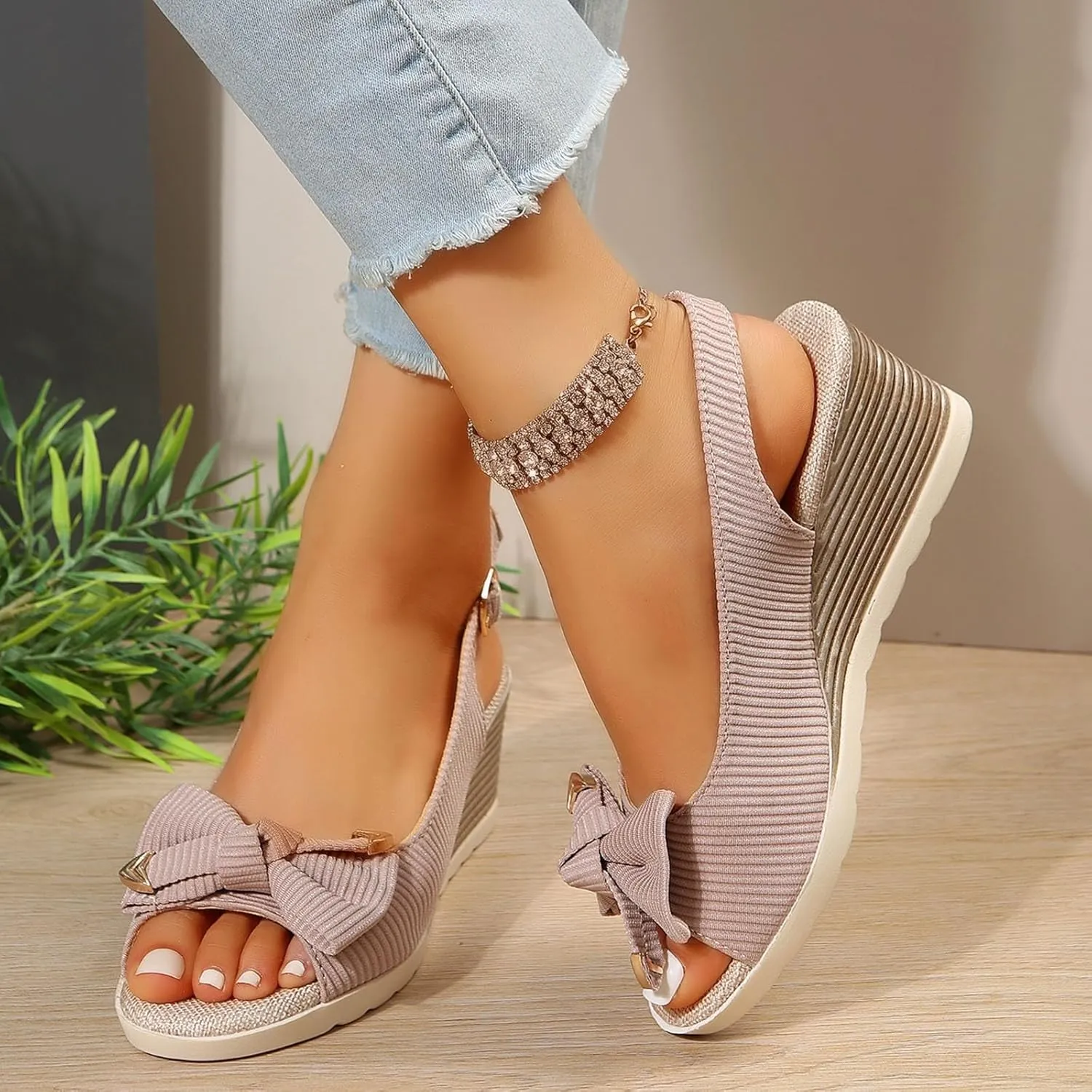 Orthopedic Platform Wedge Sandals for Women Fashion Summer Casual Fashionable Solid Bow Fabric Open Toe Wedge Heel Thick Sole Sandals Beach Walking Comfortable Outdoor Shoes