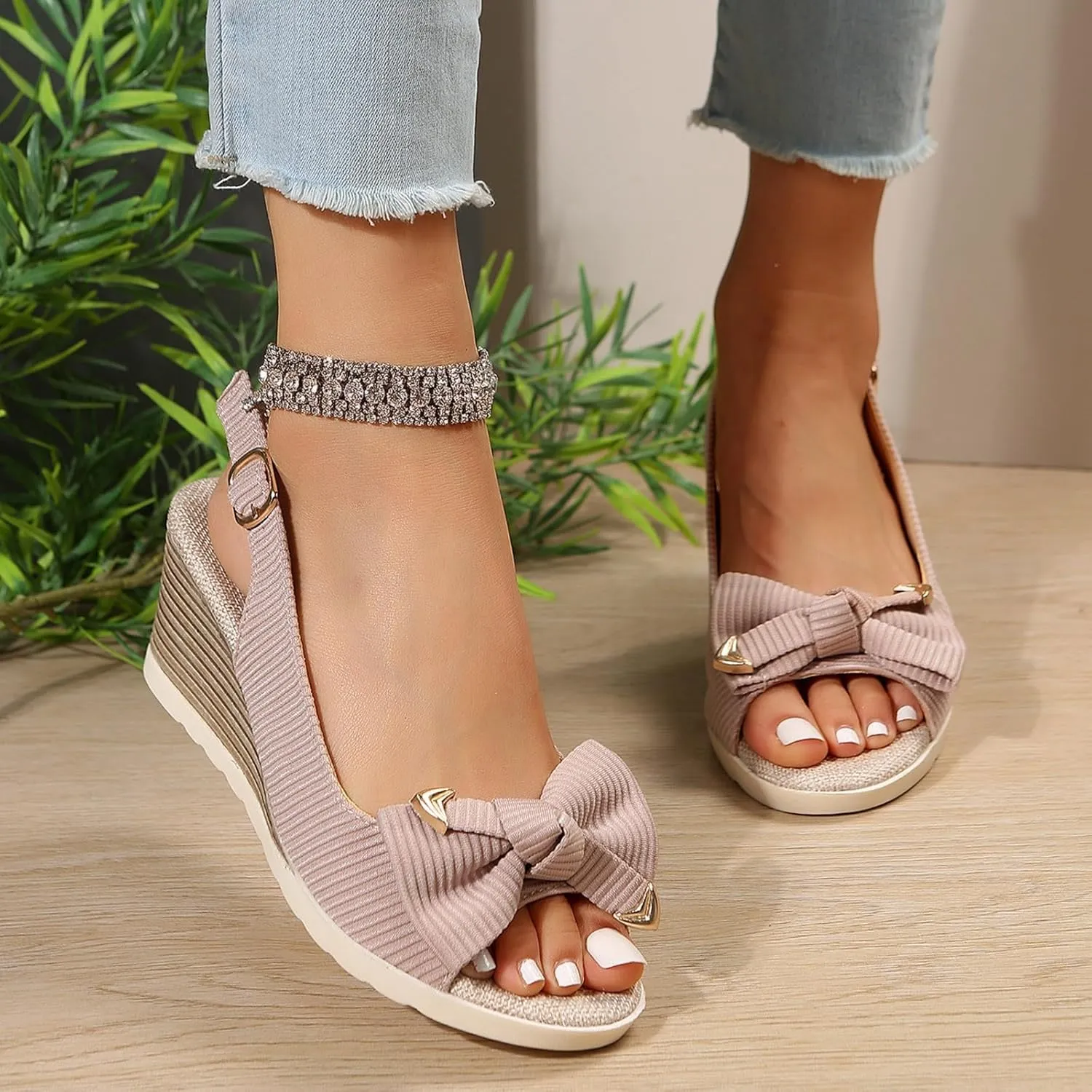 Orthopedic Platform Wedge Sandals for Women Fashion Summer Casual Fashionable Solid Bow Fabric Open Toe Wedge Heel Thick Sole Sandals Beach Walking Comfortable Outdoor Shoes