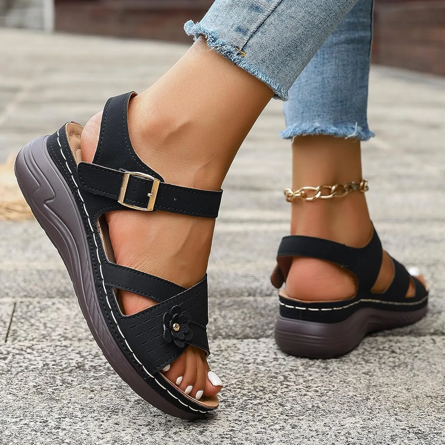 Orthopedic Wide Sandals for Women Arch Support Wedge Sandals Summer Walking Shoes Dressy Open Toe Ankle Strap Casual Sandal Low Heel Slip on Shoe Going Out Beach Shoes