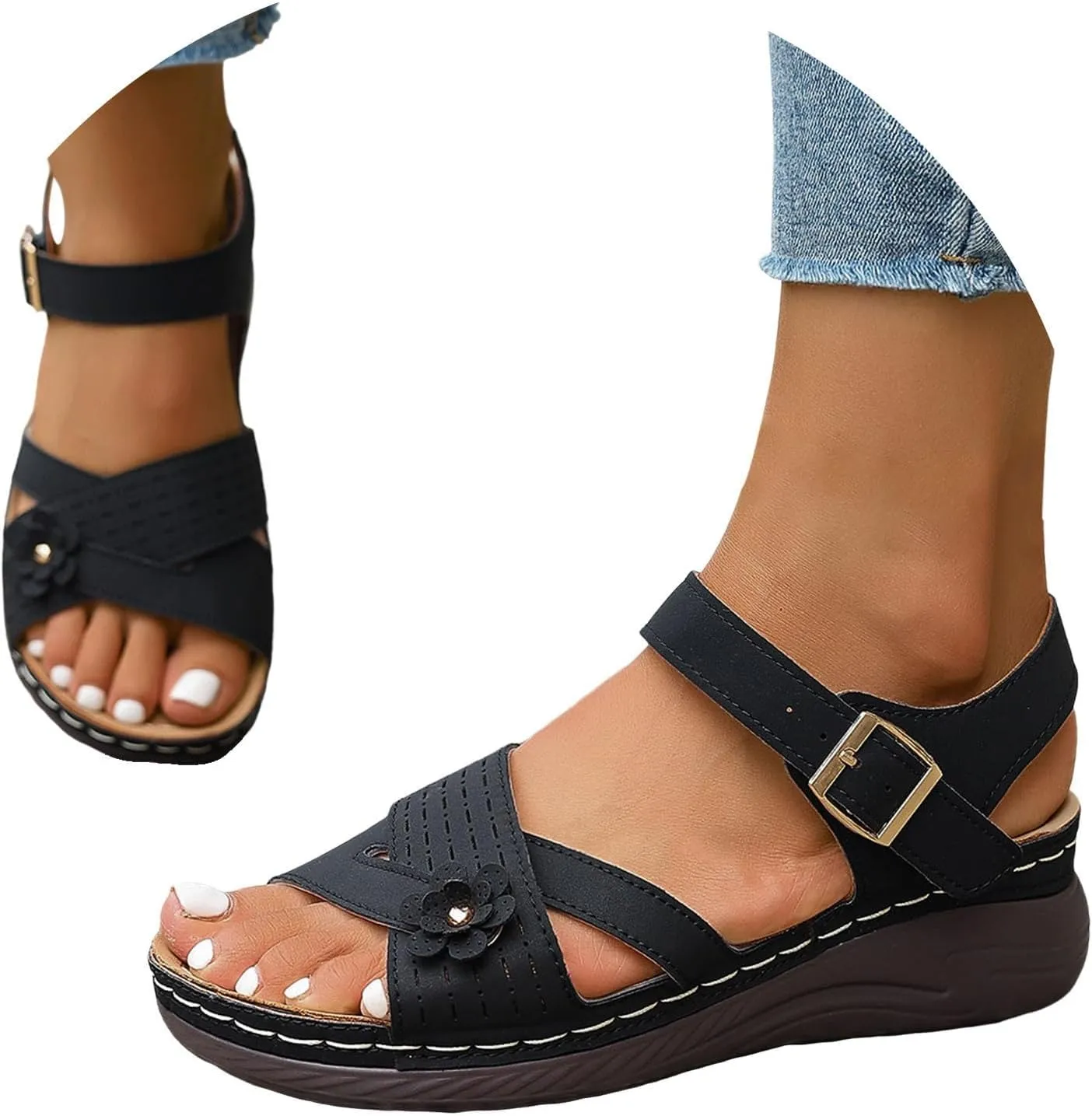 Orthopedic Wide Sandals for Women Arch Support Wedge Sandals Summer Walking Shoes Dressy Open Toe Ankle Strap Casual Sandal Low Heel Slip on Shoe Going Out Beach Shoes