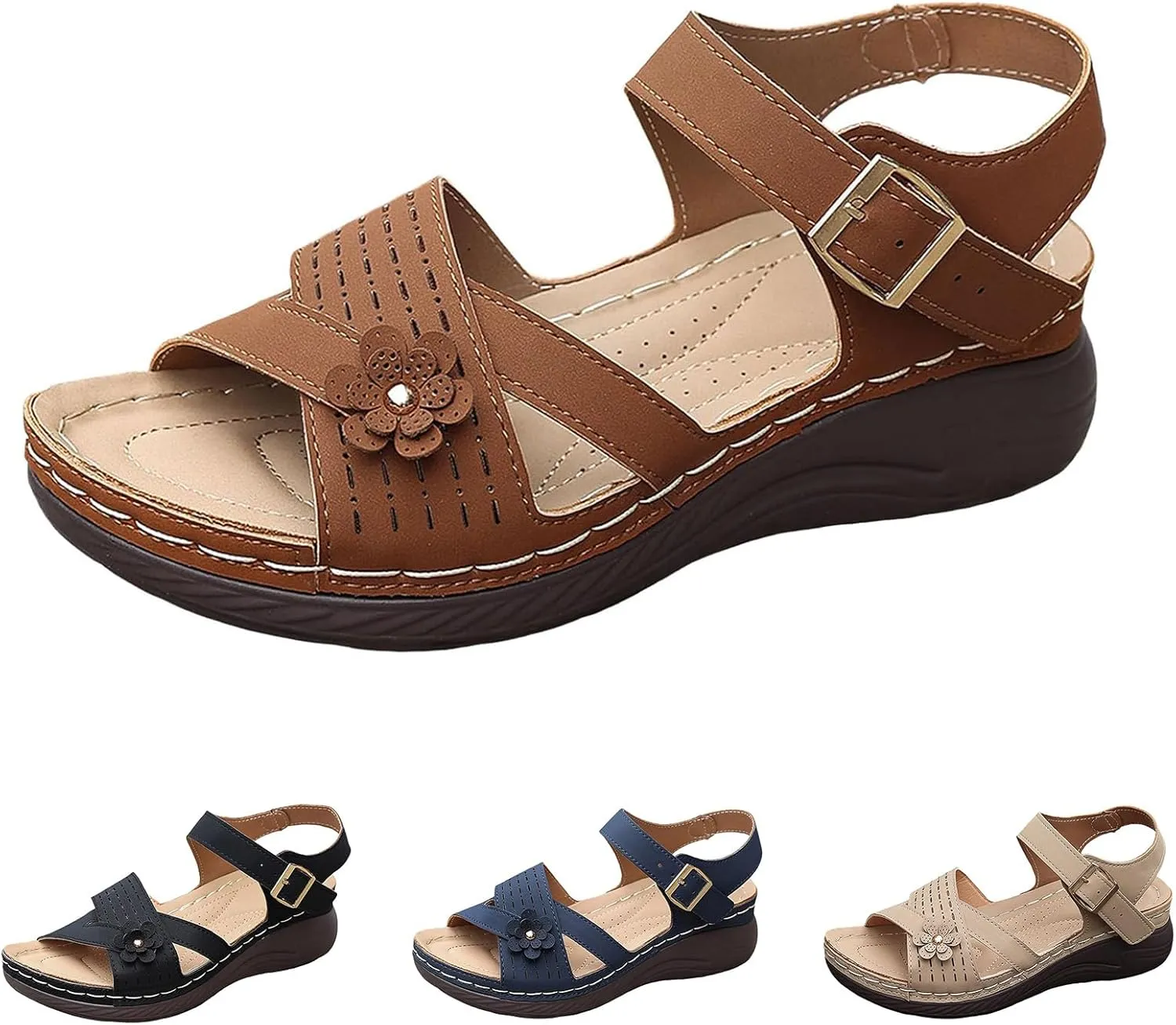 Orthopedic Wide Sandals for Women Arch Support Wedge Sandals Summer Walking Shoes Dressy Open Toe Ankle Strap Casual Sandal Low Heel Slip on Shoe Going Out Beach Shoes