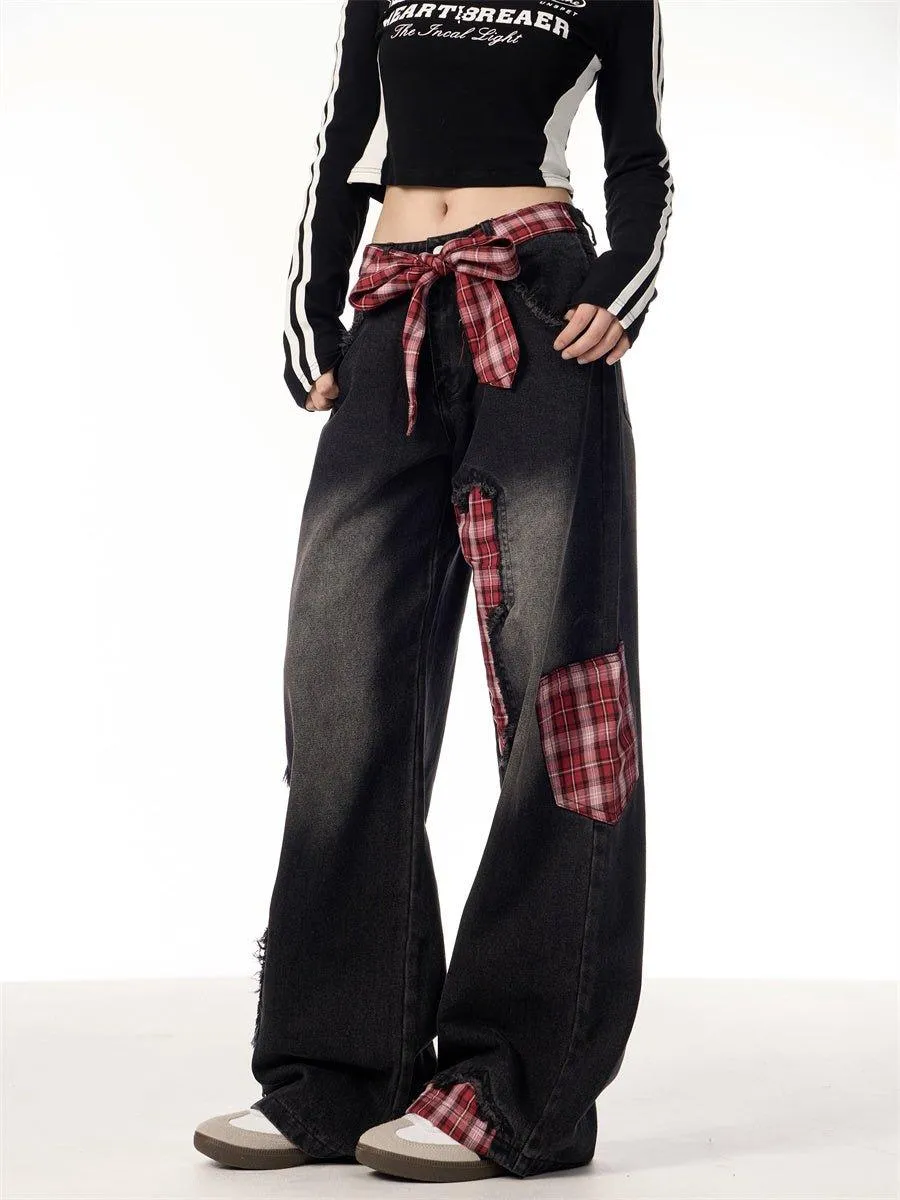 Plaid Stitching Wide Leg Jeans with Bowknot – Sweet & Trendy