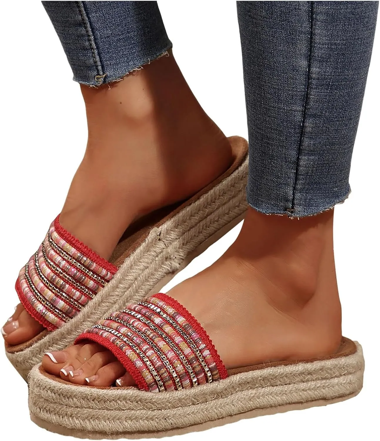 Platform Slip on Espadrille Sandals for Women,Wedge Espadrilles Bohemia Open Toe Comfort Non Slip Summer Casual Straw Woven Sandals Thick Sole Colorful Slingback Beach Vacation Walking Fashion Slipper