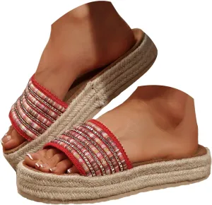 Platform Slip on Espadrille Sandals for Women,Wedge Espadrilles Bohemia Open Toe Comfort Non Slip Summer Casual Straw Woven Sandals Thick Sole Colorful Slingback Beach Vacation Walking Fashion Slipper