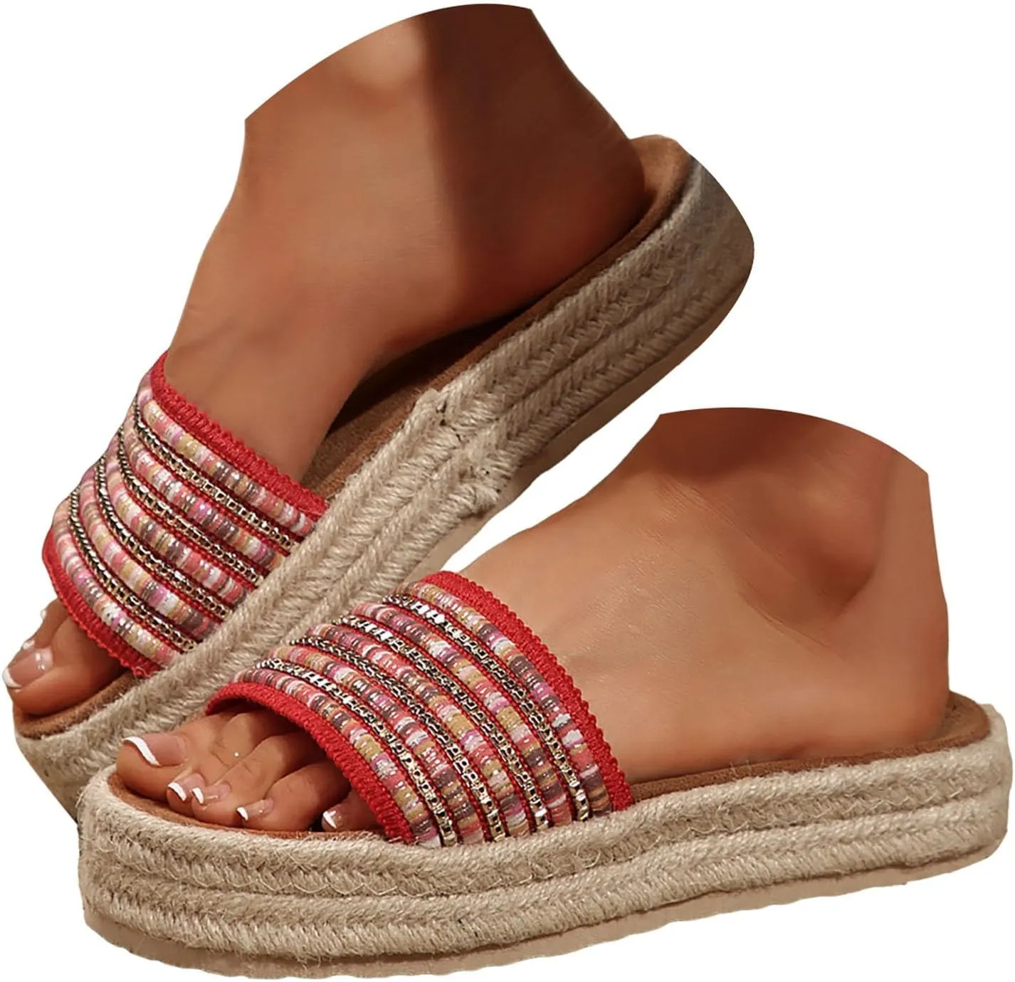 Platform Slip on Espadrille Sandals for Women,Wedge Espadrilles Bohemia Open Toe Comfort Non Slip Summer Casual Straw Woven Sandals Thick Sole Colorful Slingback Beach Vacation Walking Fashion Slipper