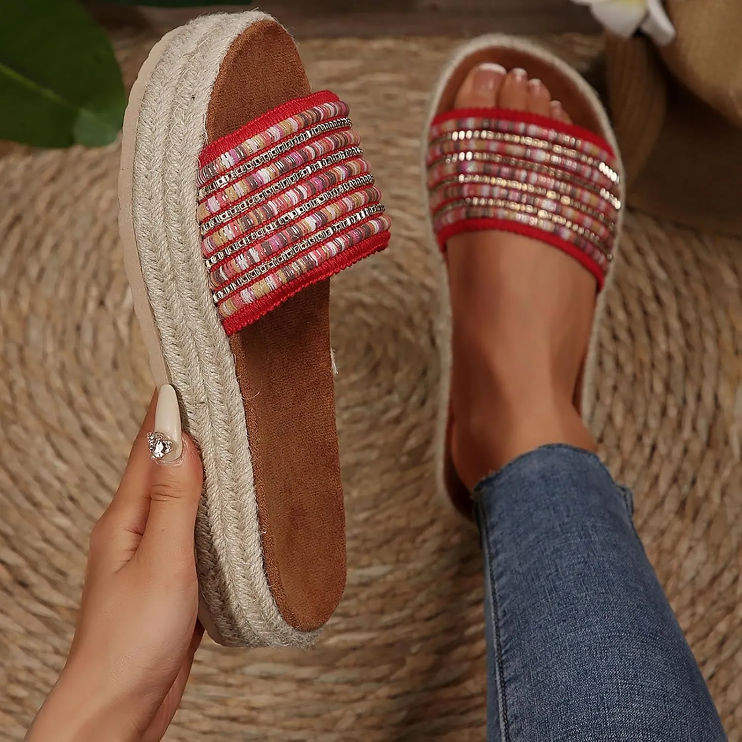 Platform Slip on Espadrille Sandals for Women,Wedge Espadrilles Bohemia Open Toe Comfort Non Slip Summer Casual Straw Woven Sandals Thick Sole Colorful Slingback Beach Vacation Walking Fashion Slipper