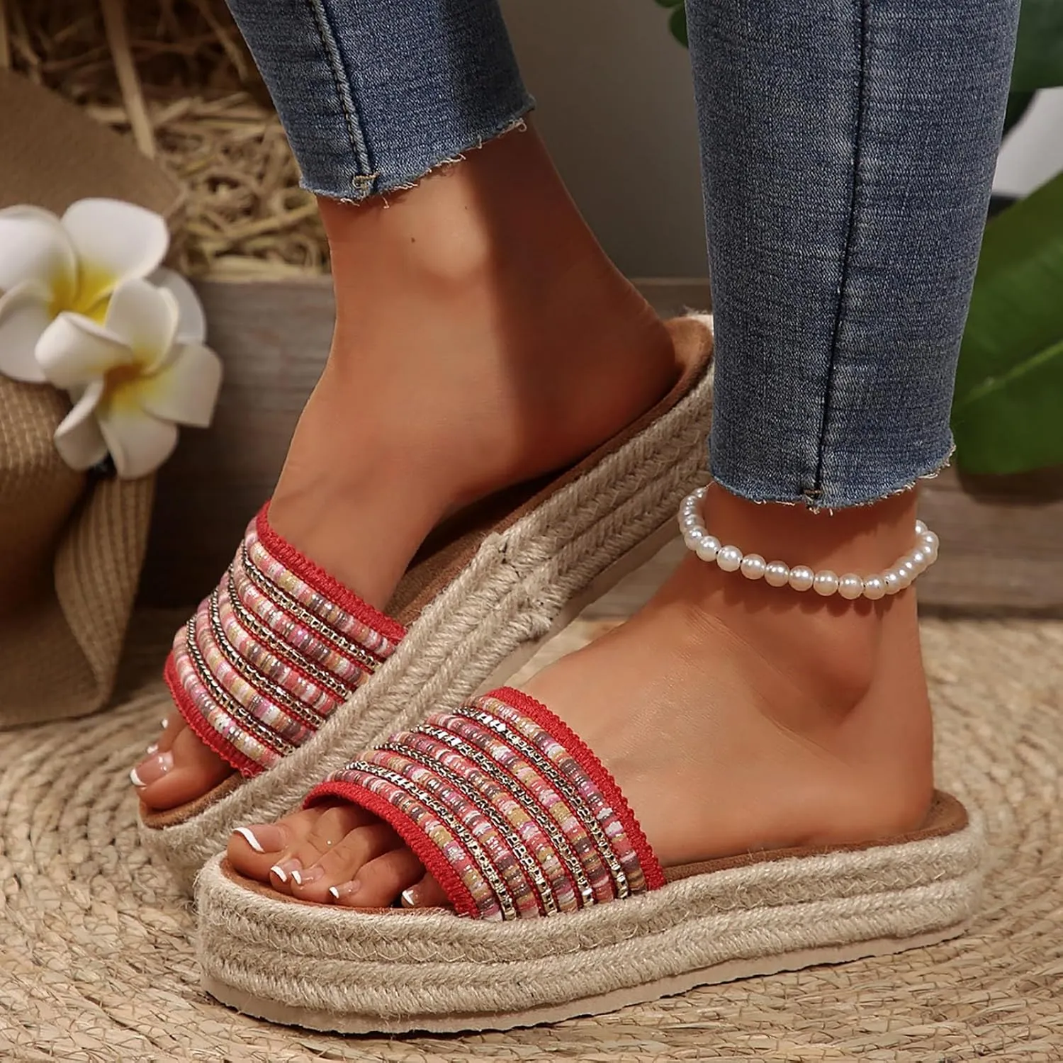 Platform Slip on Espadrille Sandals for Women,Wedge Espadrilles Bohemia Open Toe Comfort Non Slip Summer Casual Straw Woven Sandals Thick Sole Colorful Slingback Beach Vacation Walking Fashion Slipper