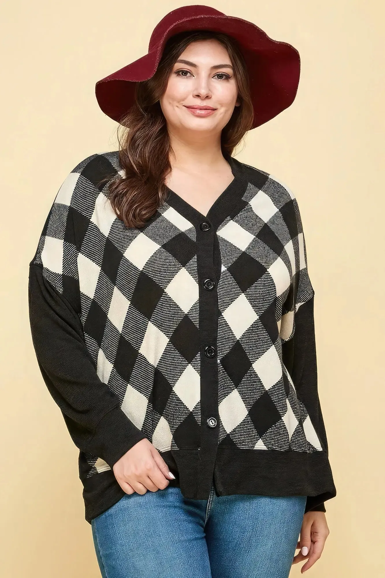 Plus Size Buffalo Plaid Knit Button-Up Oversized Cardigan