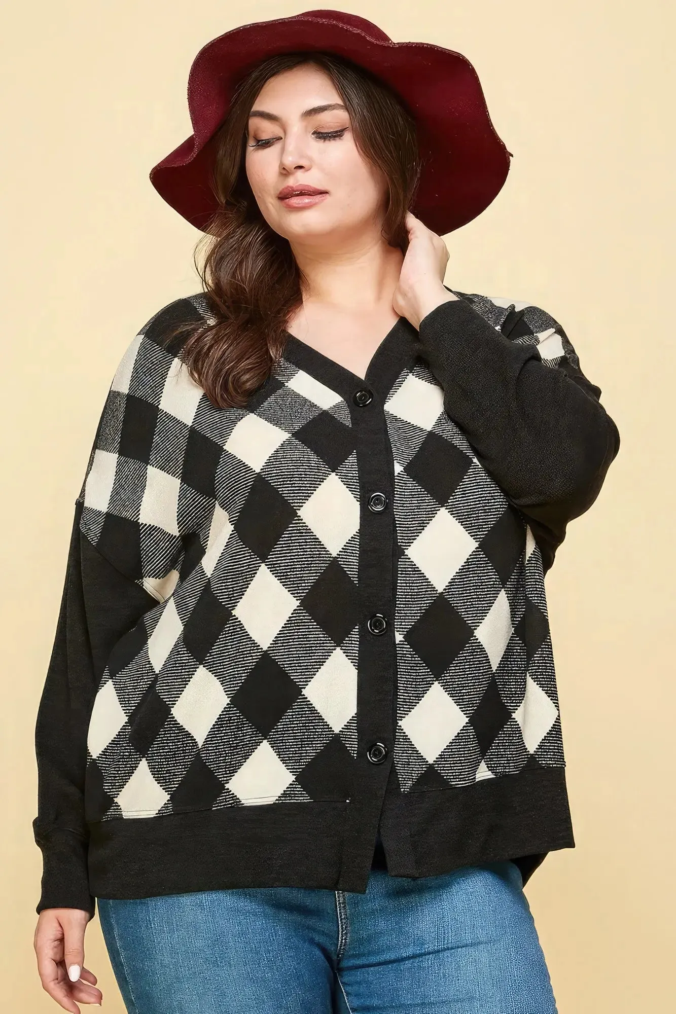 Plus Size Buffalo Plaid Knit Button-Up Oversized Cardigan