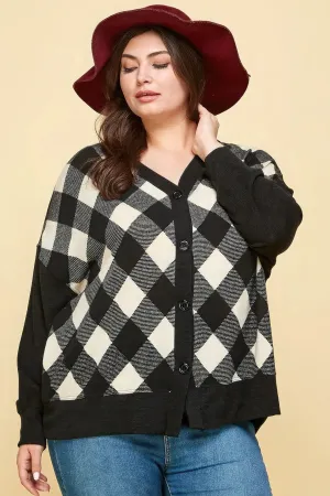 Plus Size Buffalo Plaid Knit Button-Up Oversized Cardigan