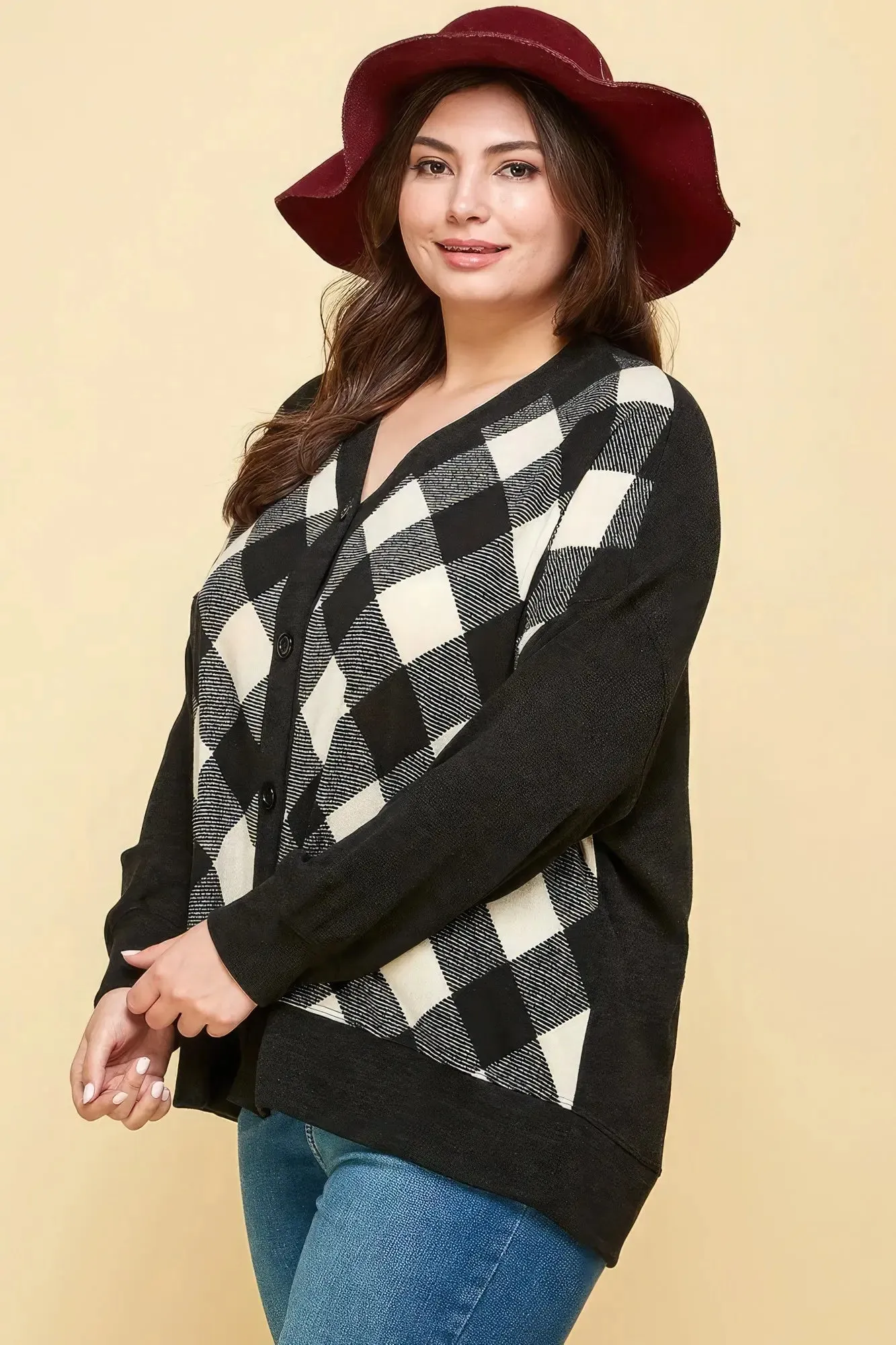 Plus Size Buffalo Plaid Knit Button-Up Oversized Cardigan