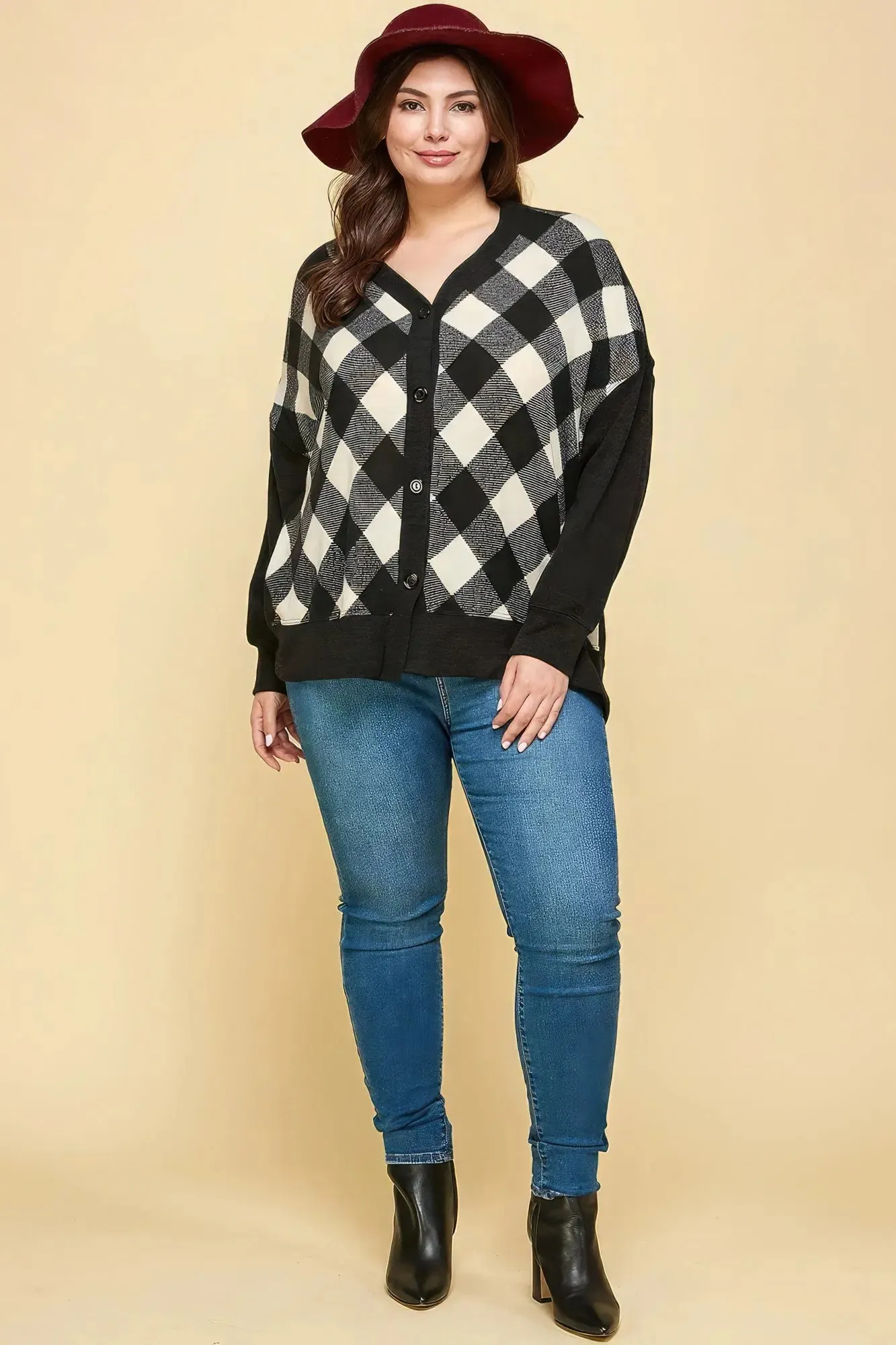 Plus Size Buffalo Plaid Knit Button-Up Oversized Cardigan