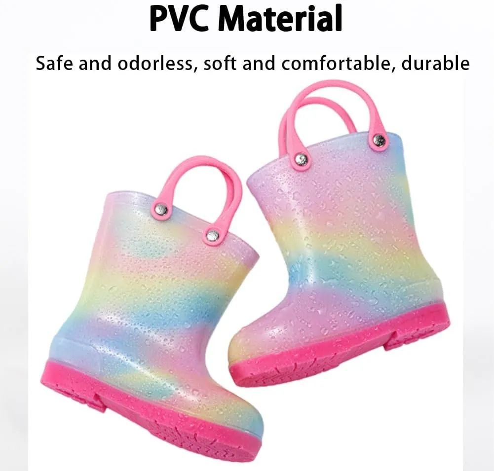 Rain Boots Kids for Toddlers, Boys and Girls Cartoon Children Tall Boots, Waterproof Rainboots with Handles