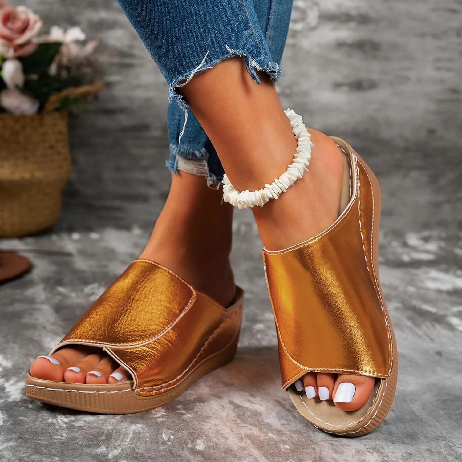Sandals for Women 2025 Casual Width Wedge Sandals Summer Beach Vacation Breathable Orthopedic Walking Shoes Solid Color Trendy Dress Sandal Platform Slippers Shoes 2025