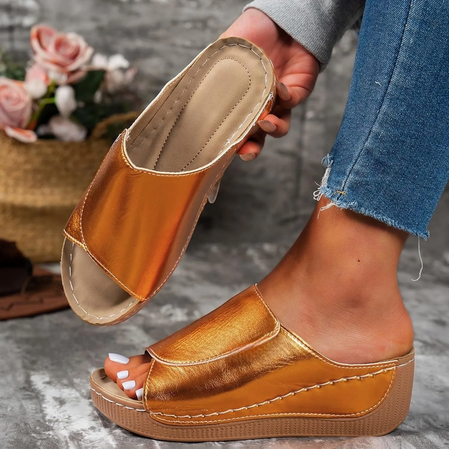 Sandals for Women 2025 Casual Width Wedge Sandals Summer Beach Vacation Breathable Orthopedic Walking Shoes Solid Color Trendy Dress Sandal Platform Slippers Shoes 2025