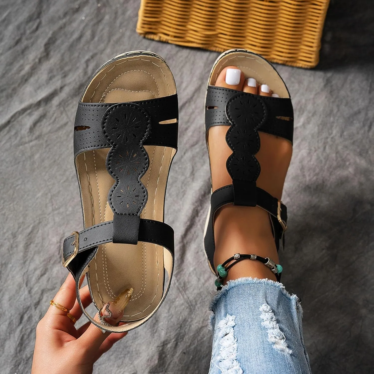 Sandals for Women Orthopedic Shoes,2025 Summer Casual Fashionable T-strap Open Toe Hollow Out Asjustable Ankle Strap Sandals Comfortable Walking Sports Platform Dressy Wedge Footwear