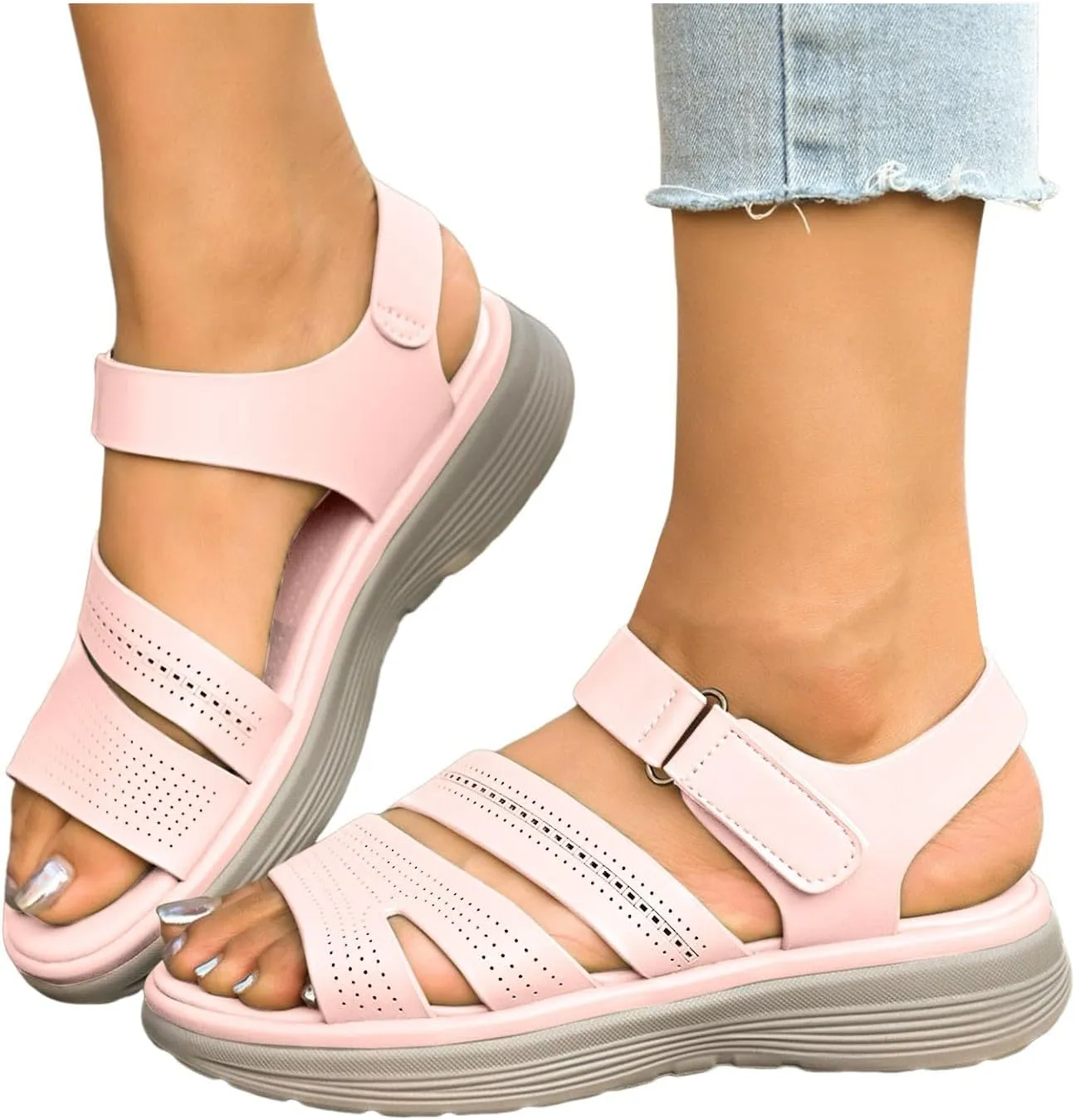 Sandals for Women Wedge Shoes 2025 Summer Open Toe Comfortable Hollow Thick Out Casual Womens Slide Sandals Sparkly Breathable Adjustable Athletic Sport Shoes for Outdoors
