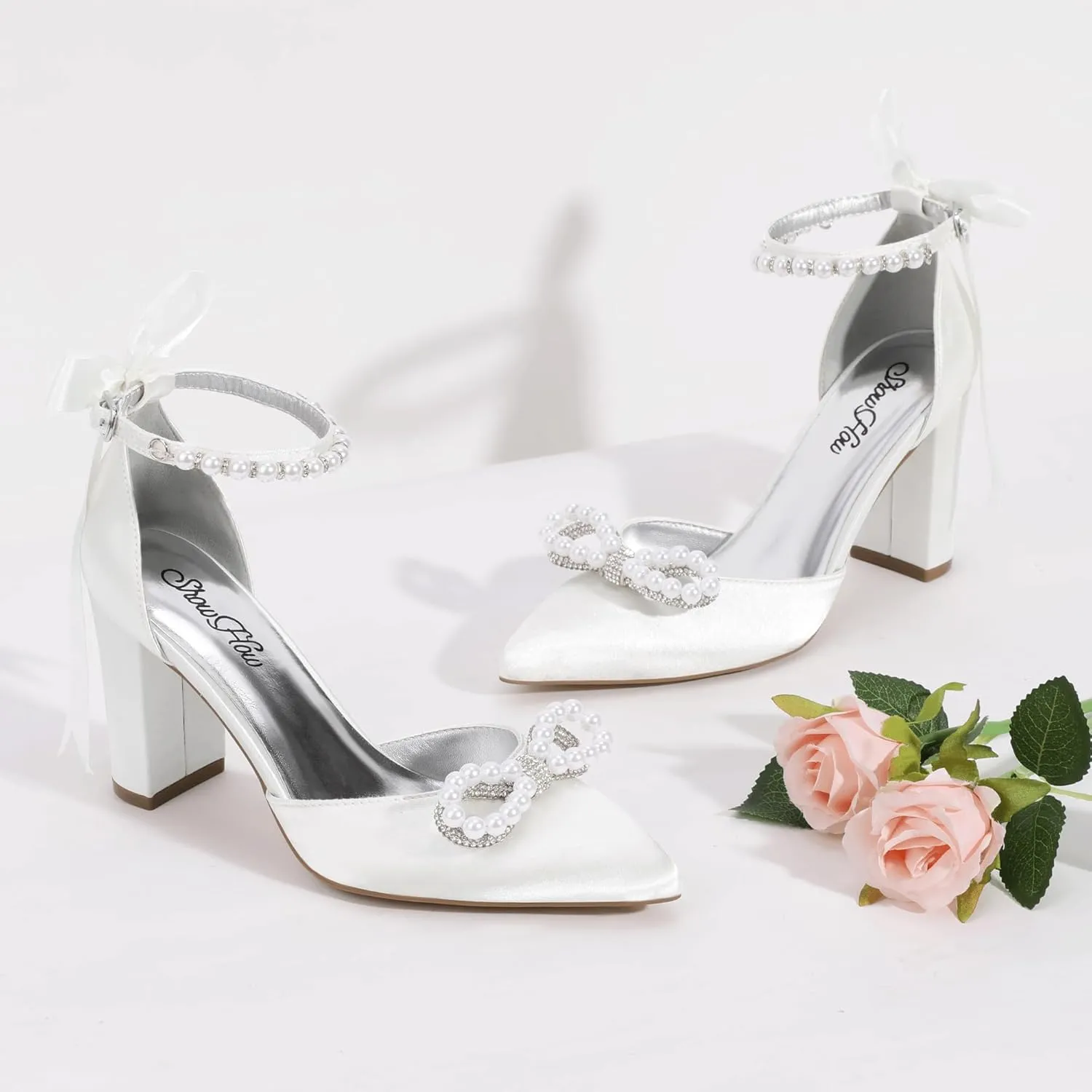 ShowHow Women's Pearl Wedding Shoes for Bride Closed Toe Heels Chunky Block Dress Heels Pointed Toe Rhinestone Pearl Ankle Strap Heels for Bridesmaid Prom Wedding Party Work
