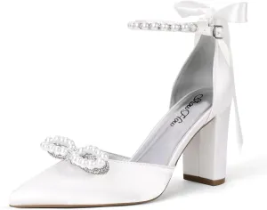 ShowHow Women's Pearl Wedding Shoes for Bride Closed Toe Heels Chunky Block Dress Heels Pointed Toe Rhinestone Pearl Ankle Strap Heels for Bridesmaid Prom Wedding Party Work