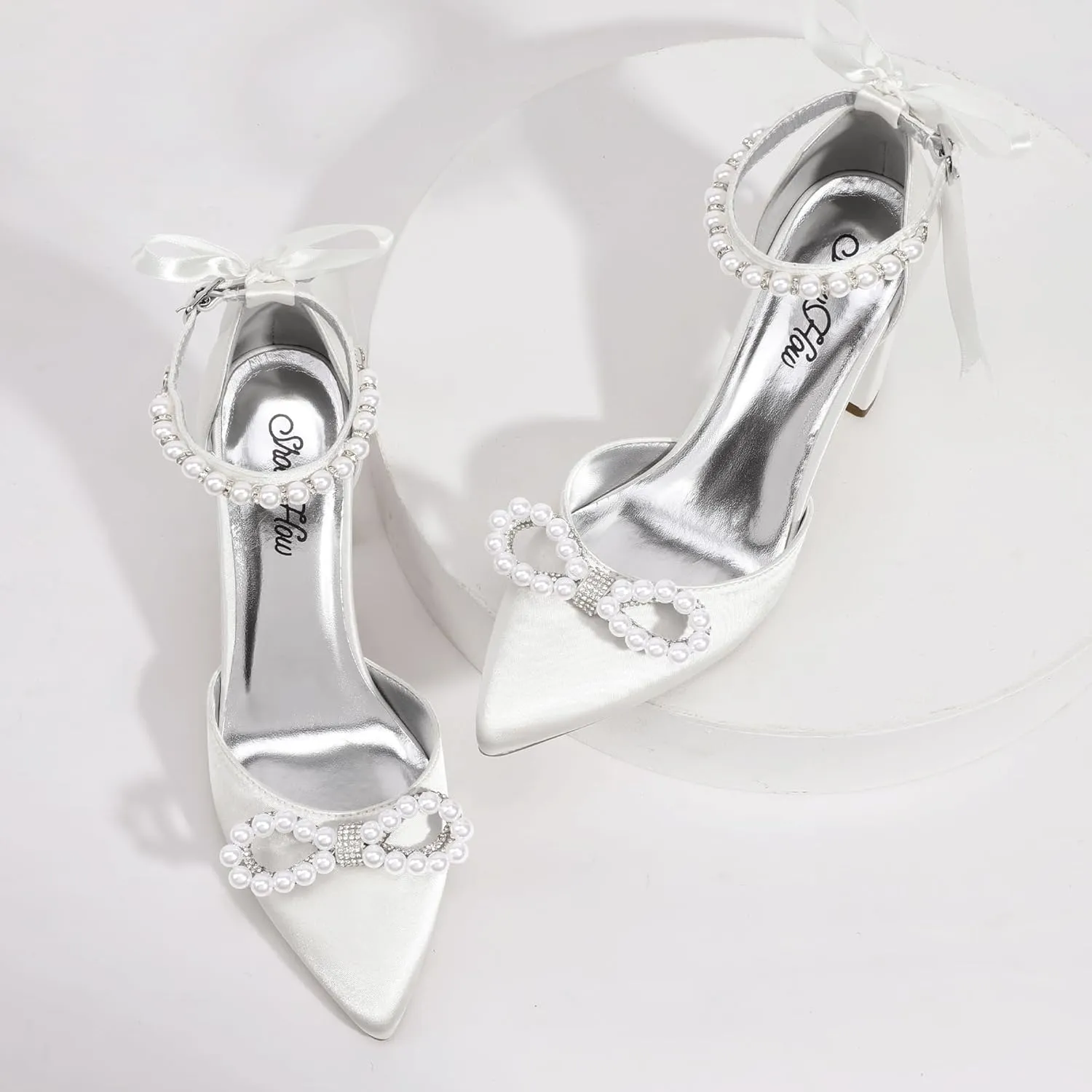 ShowHow Women's Pearl Wedding Shoes for Bride Closed Toe Heels Chunky Block Dress Heels Pointed Toe Rhinestone Pearl Ankle Strap Heels for Bridesmaid Prom Wedding Party Work