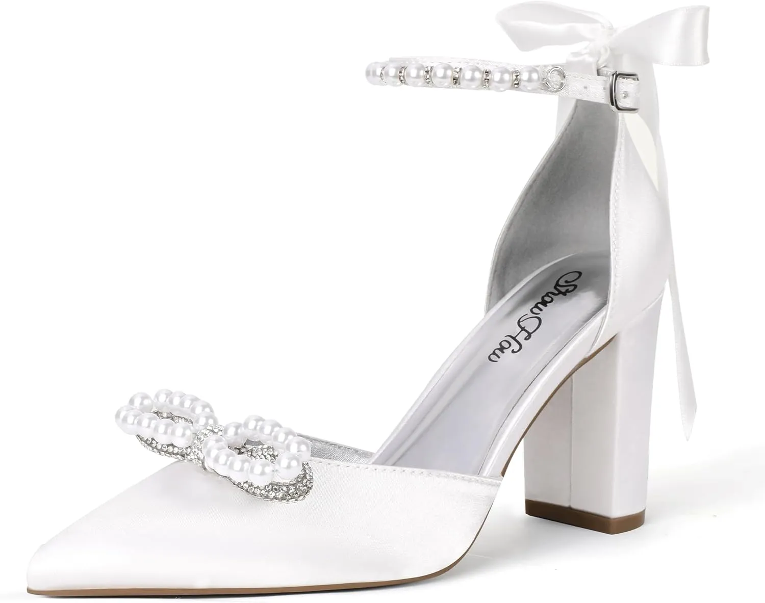 ShowHow Women's Pearl Wedding Shoes for Bride Closed Toe Heels Chunky Block Dress Heels Pointed Toe Rhinestone Pearl Ankle Strap Heels for Bridesmaid Prom Wedding Party Work