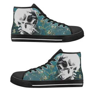 Skull With Burning Cigarette on Cherry Blossom - Van Gogh High Top Canvas Sneakers