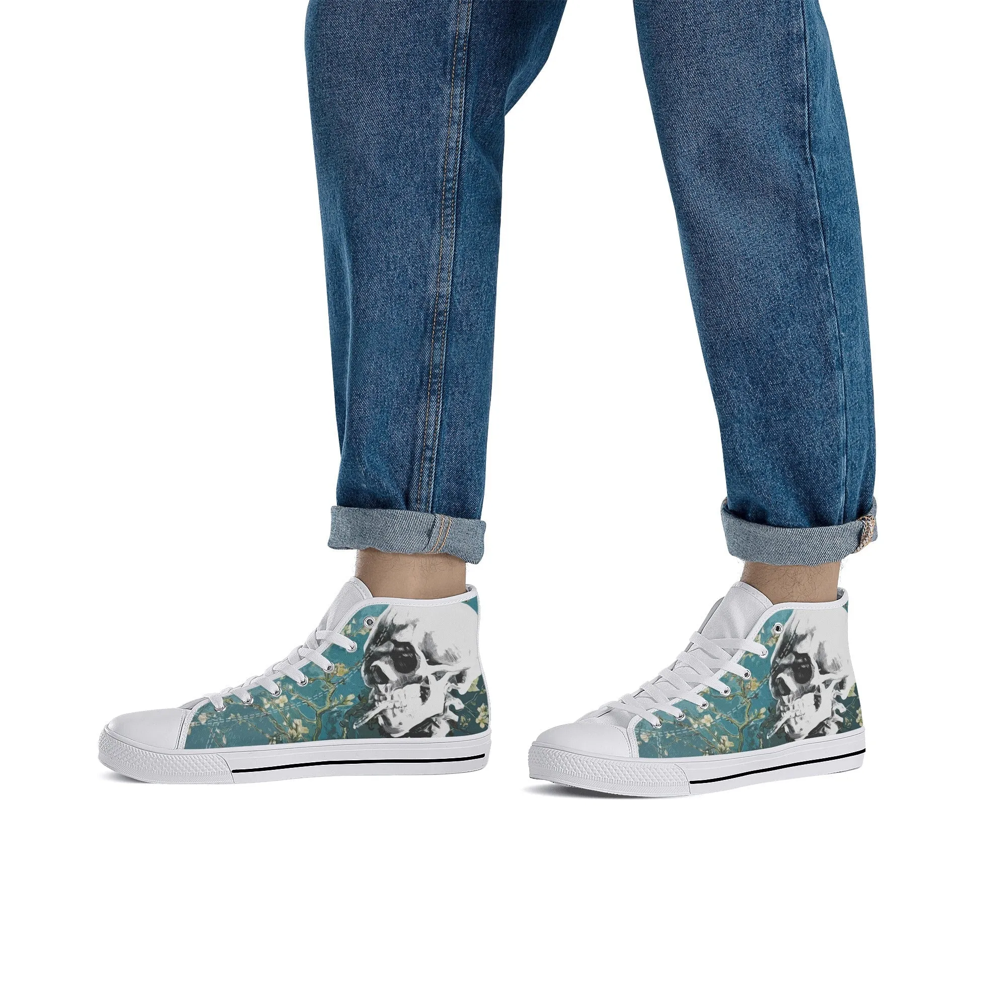 Skull With Burning Cigarette on Cherry Blossom - Van Gogh High Top Canvas Sneakers
