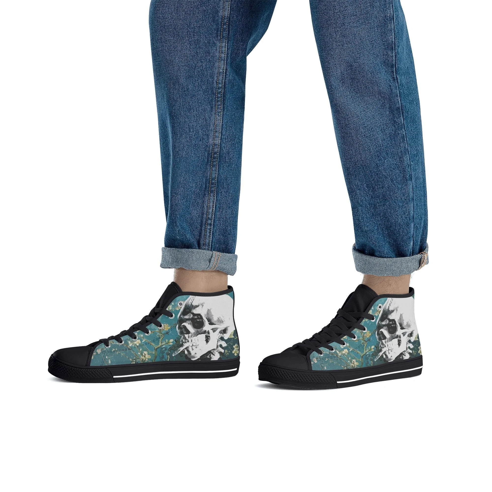 Skull With Burning Cigarette on Cherry Blossom - Van Gogh High Top Canvas Sneakers