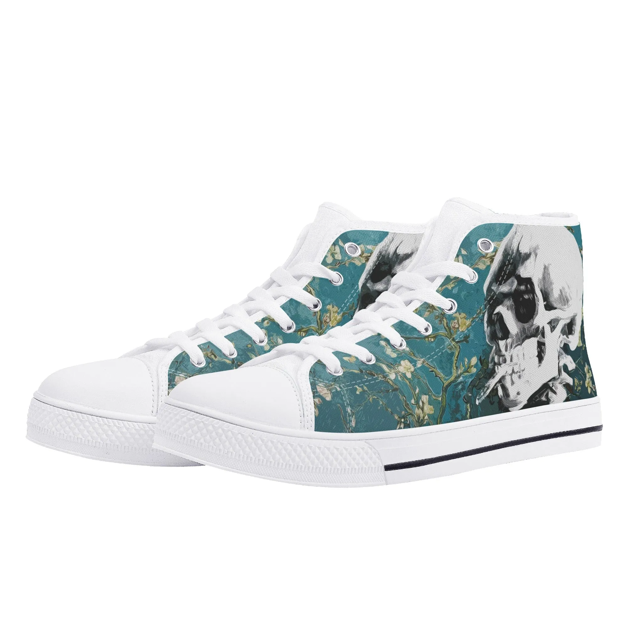 Skull With Burning Cigarette on Cherry Blossom - Van Gogh High Top Canvas Sneakers