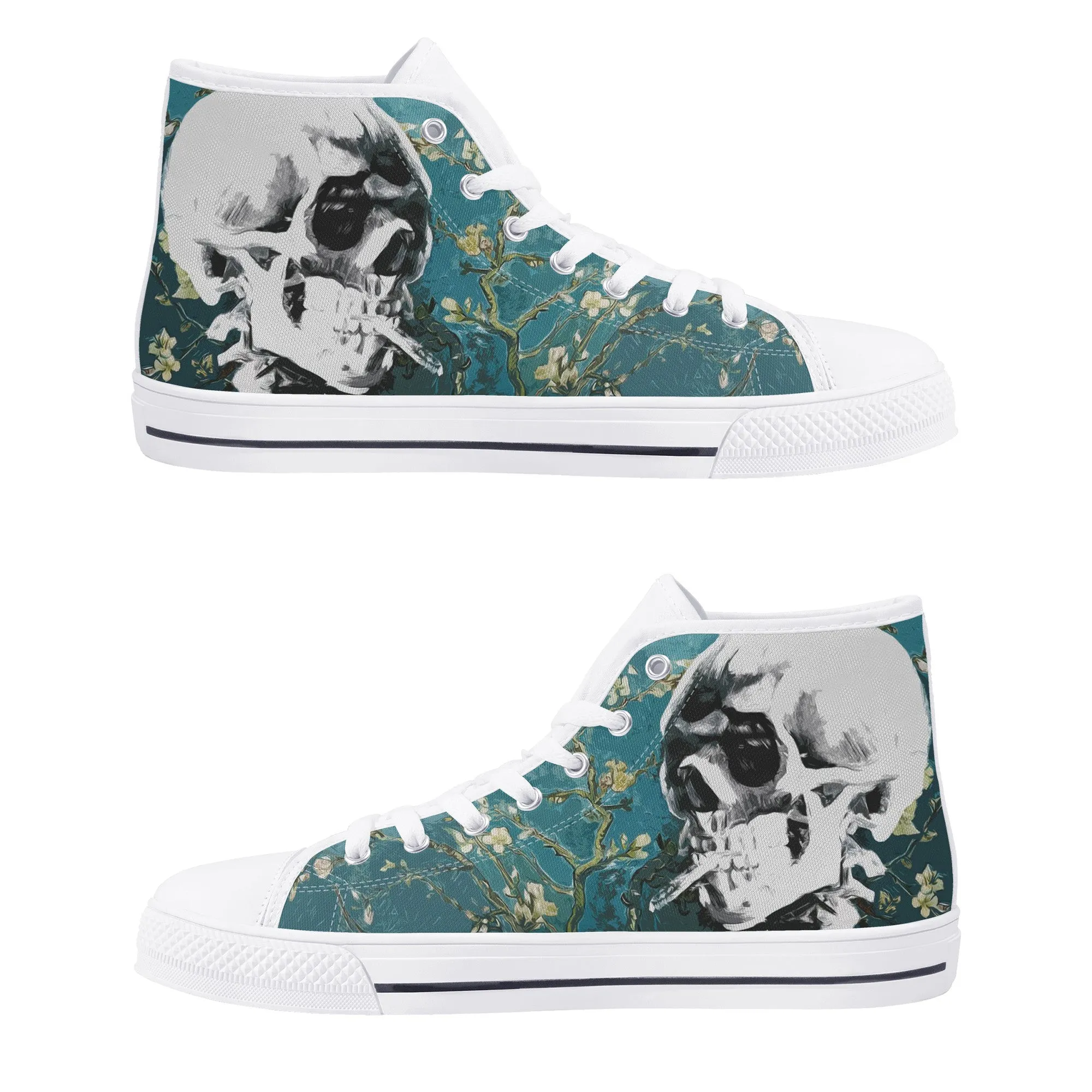 Skull With Burning Cigarette on Cherry Blossom - Van Gogh High Top Canvas Sneakers