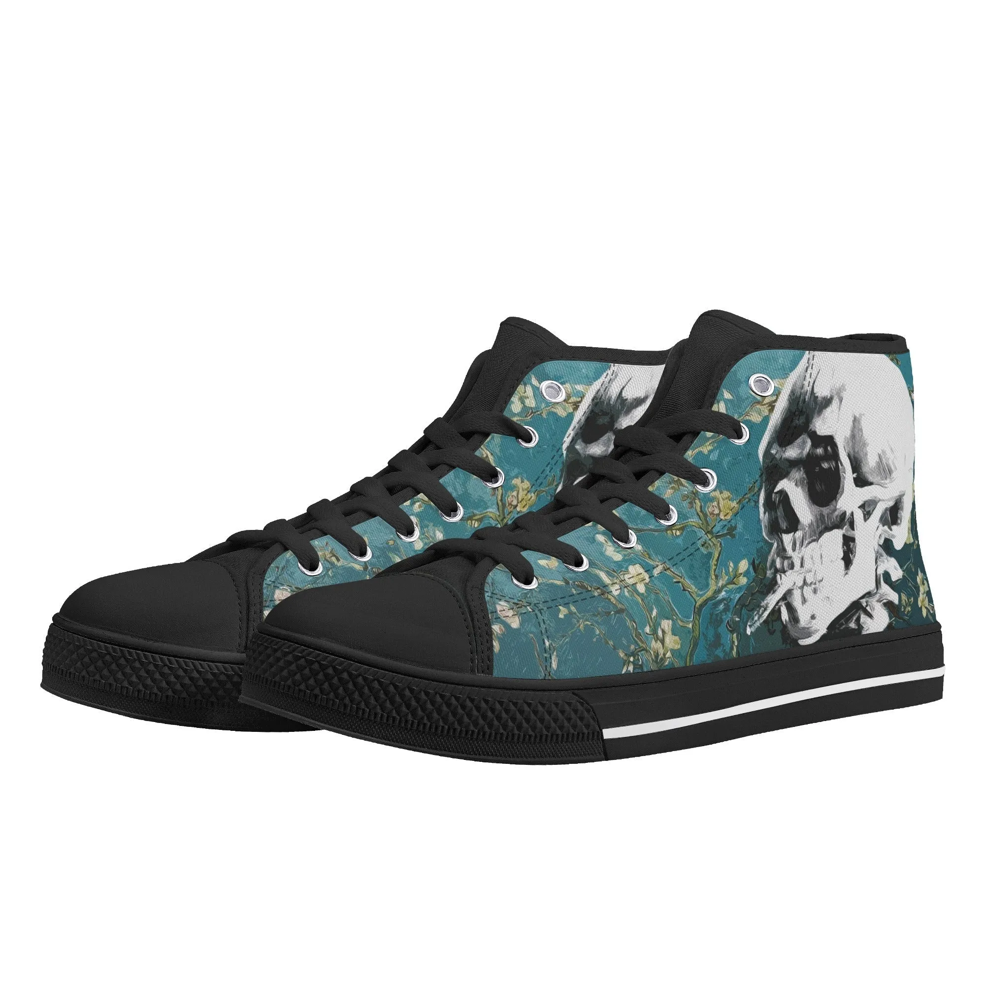 Skull With Burning Cigarette on Cherry Blossom - Van Gogh High Top Canvas Sneakers