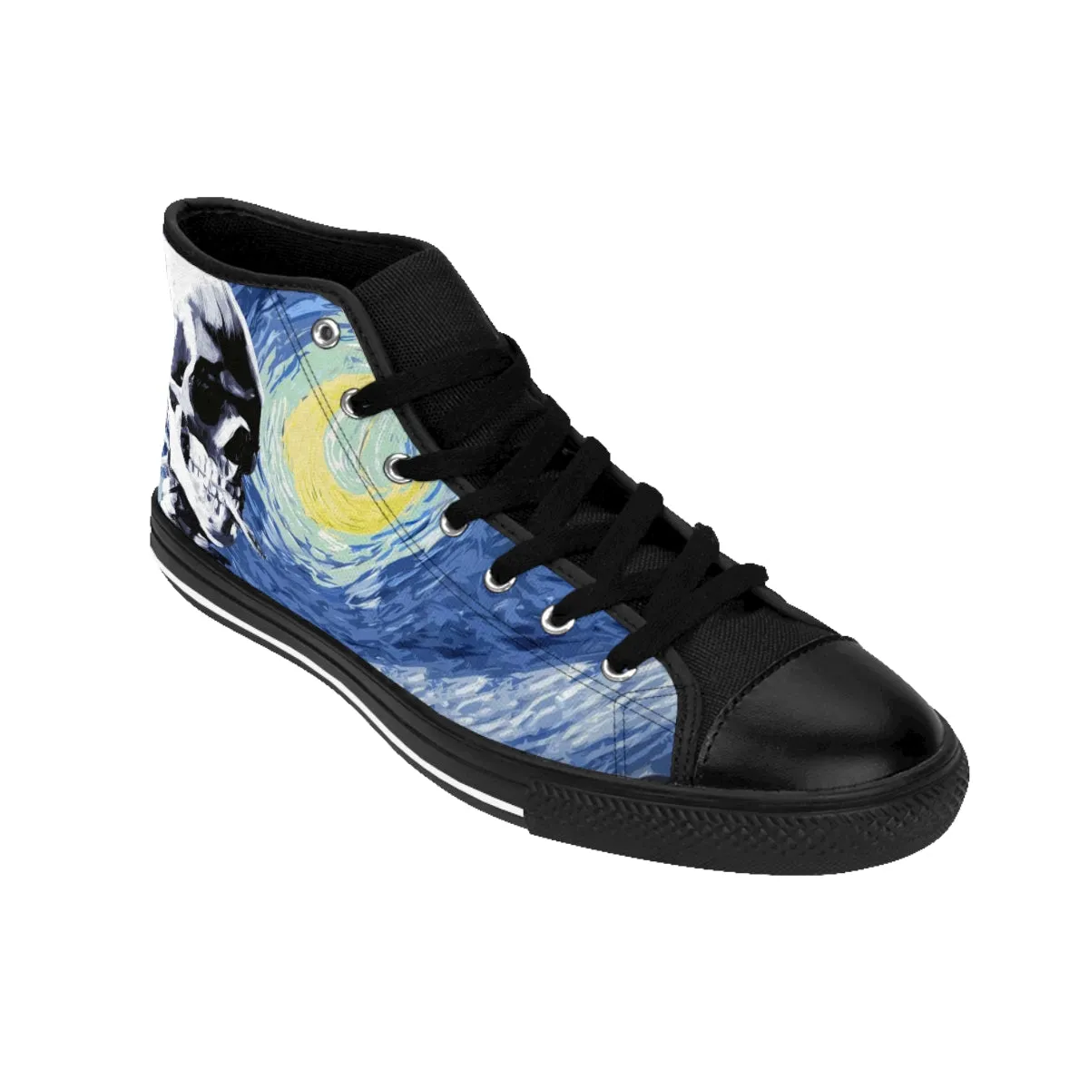 Skull With Burning Cigarette on Starry Night - Van Gogh Tribute | Art Freak High Top Canvas Sneakers