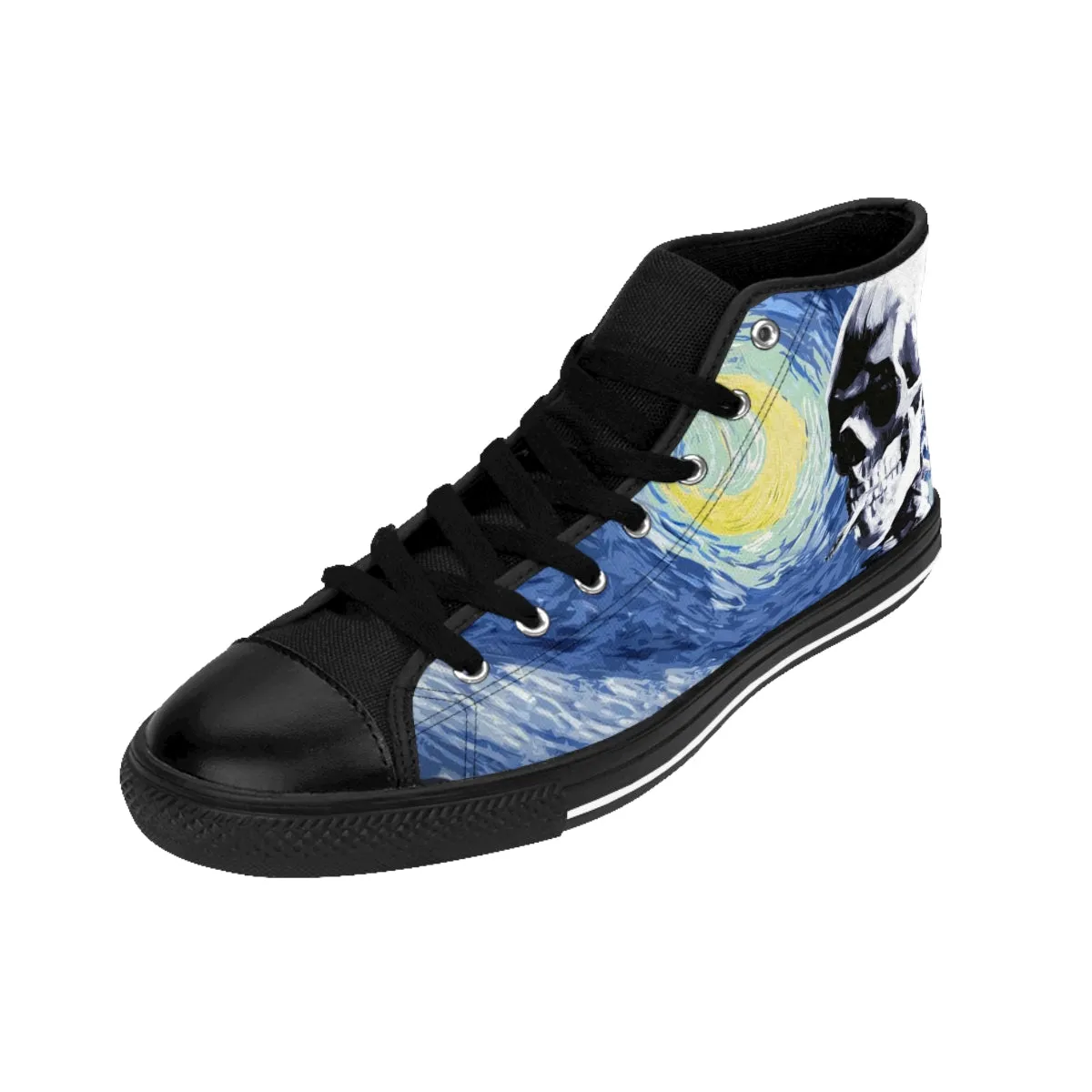 Skull With Burning Cigarette on Starry Night - Van Gogh Tribute | Art Freak High Top Canvas Sneakers