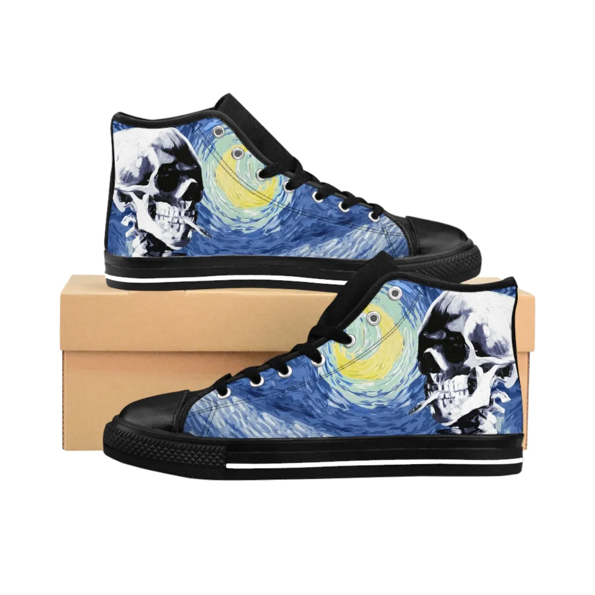 Skull With Burning Cigarette on Starry Night - Van Gogh Tribute | Art Freak High Top Canvas Sneakers