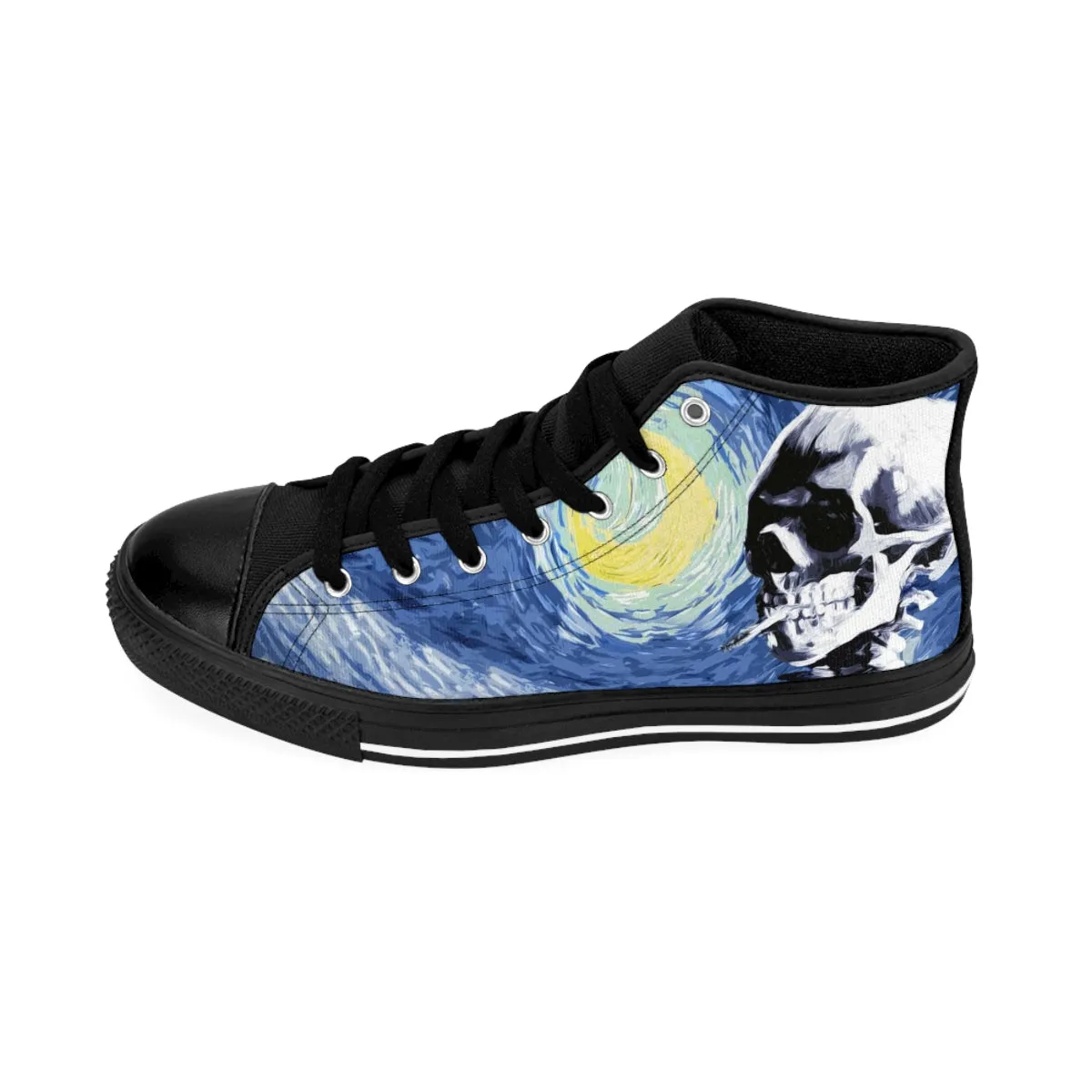 Skull With Burning Cigarette on Starry Night - Van Gogh Tribute | Art Freak High Top Canvas Sneakers
