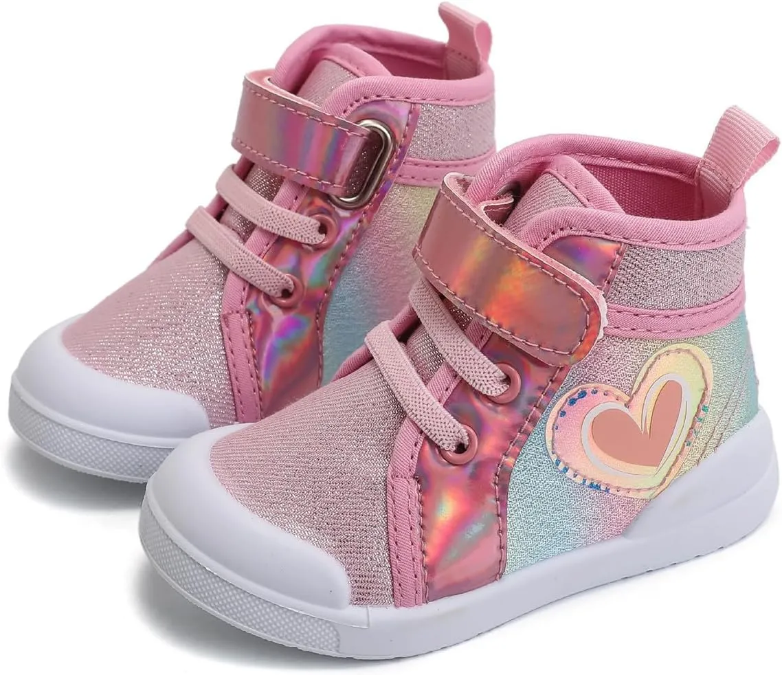 Toddler Girls Sequin Sparkly High Top Canvas Sneakers Kids Heart Print Glitter Walking Running Tennis Flat Shoes