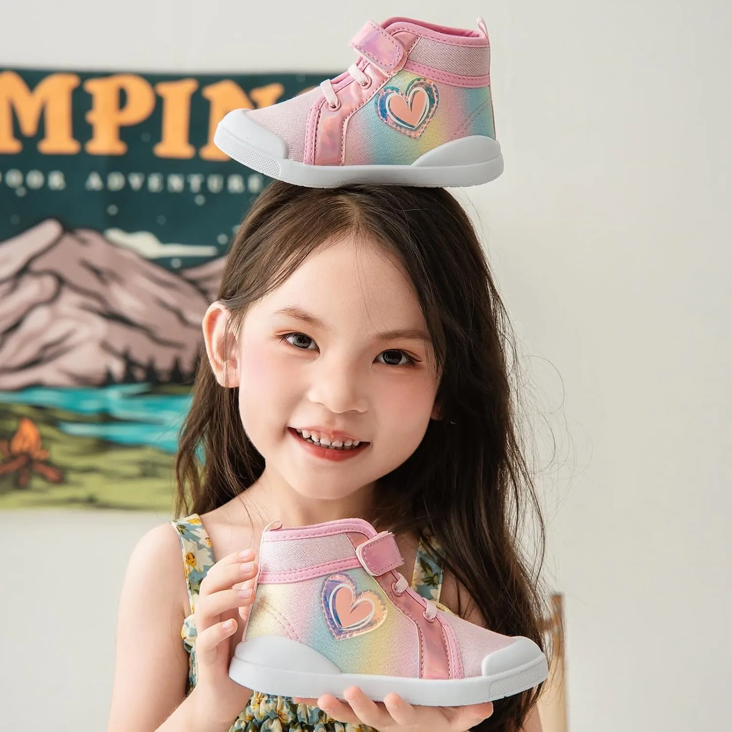 Toddler Girls Sequin Sparkly High Top Canvas Sneakers Kids Heart Print Glitter Walking Running Tennis Flat Shoes