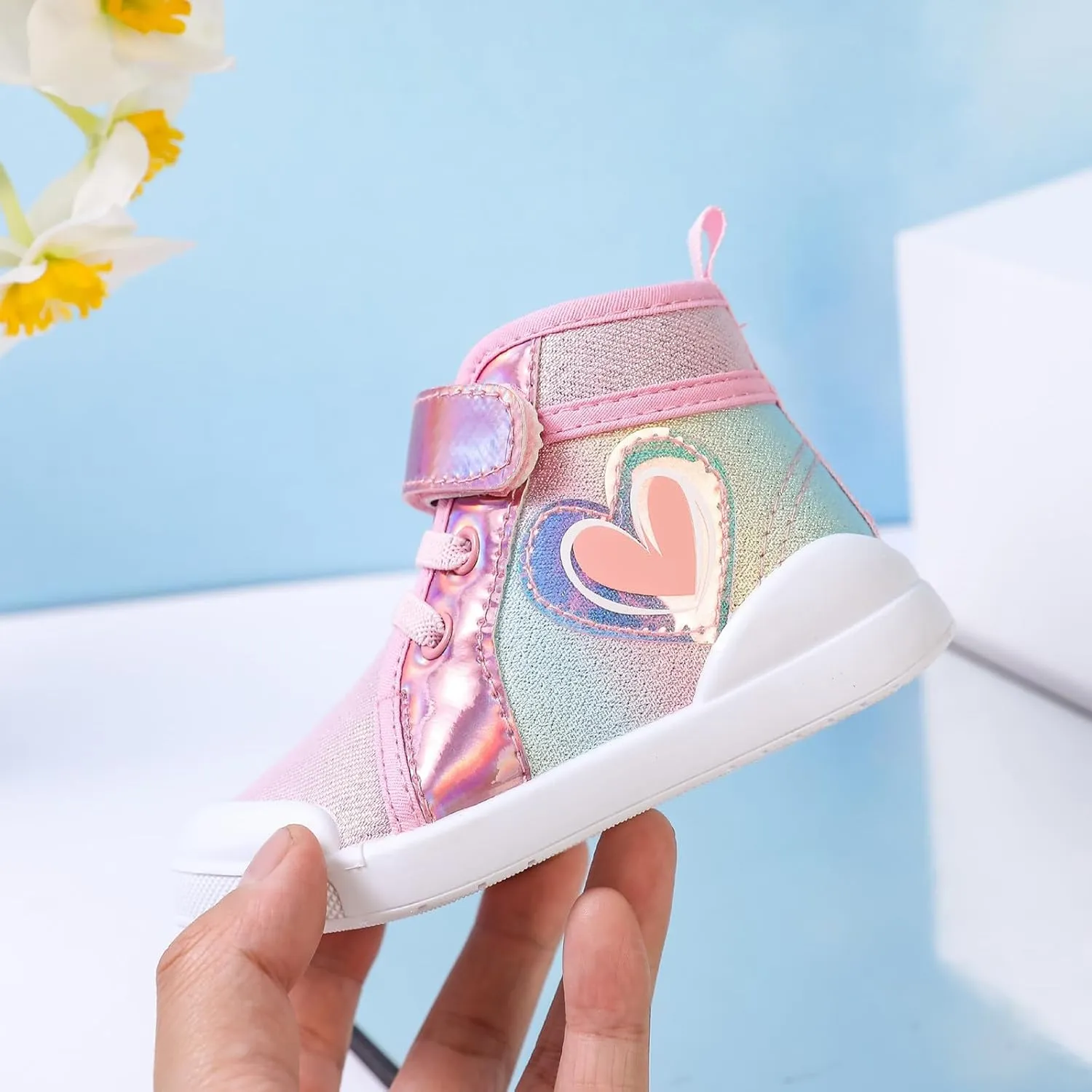 Toddler Girls Sequin Sparkly High Top Canvas Sneakers Kids Heart Print Glitter Walking Running Tennis Flat Shoes