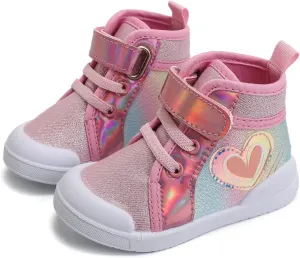 Toddler Girls Sequin Sparkly High Top Canvas Sneakers Kids Heart Print Glitter Walking Running Tennis Flat Shoes