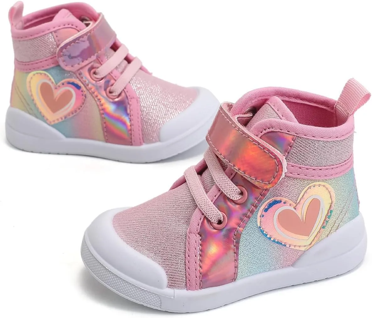 Toddler Girls Sequin Sparkly High Top Canvas Sneakers Kids Heart Print Glitter Walking Running Tennis Flat Shoes