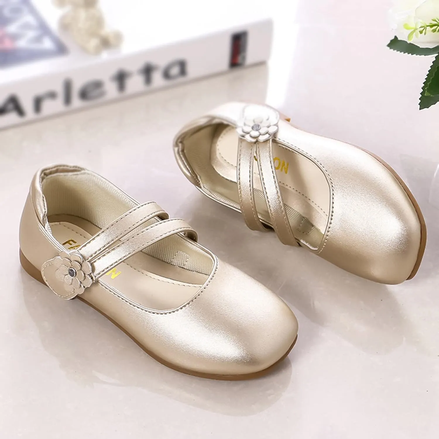 Toddler Girls Strap Dress Shoes Princess Ballerina Flat Mary Jane Elegant Wedding Flower Shoes for Baptism Prom