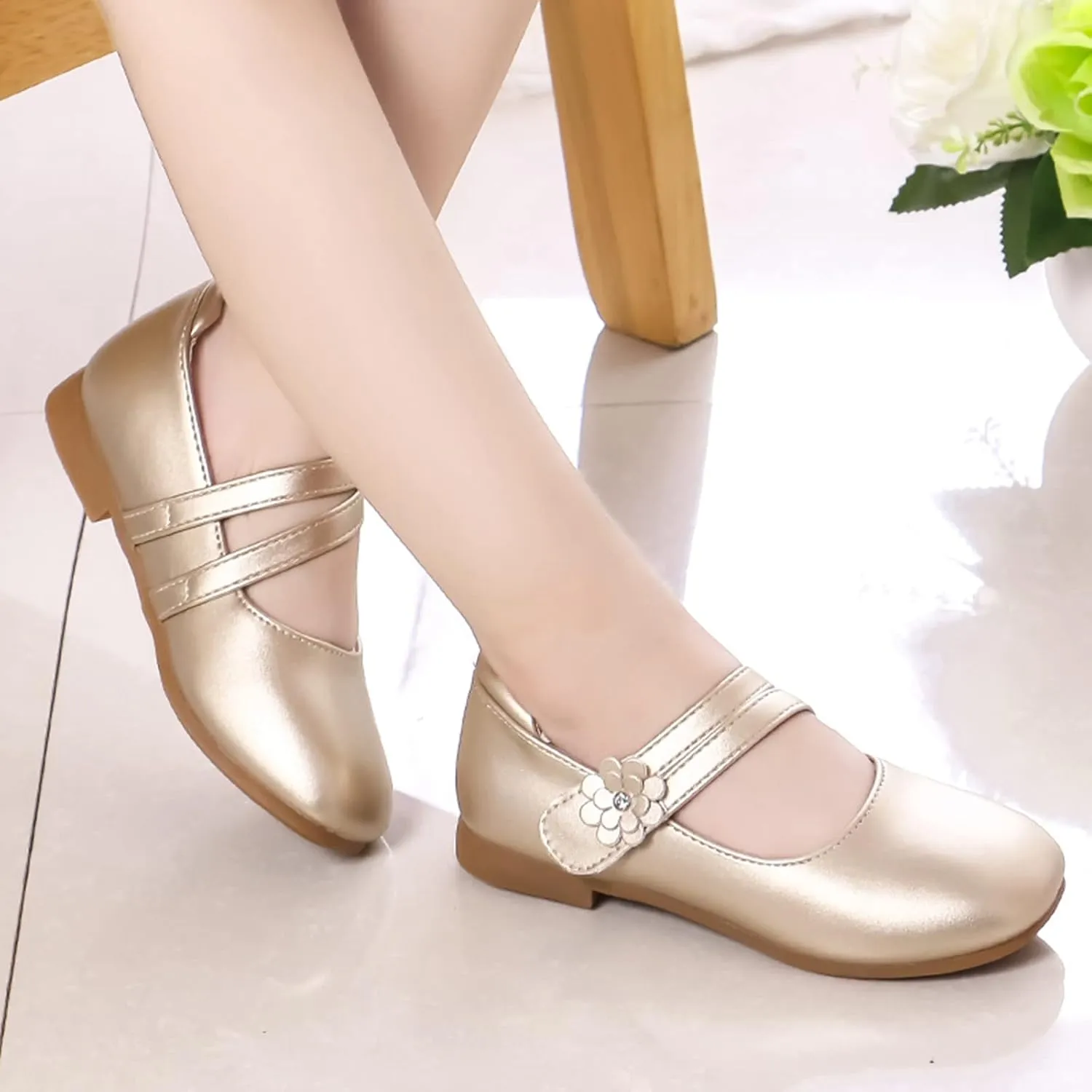 Toddler Girls Strap Dress Shoes Princess Ballerina Flat Mary Jane Elegant Wedding Flower Shoes for Baptism Prom