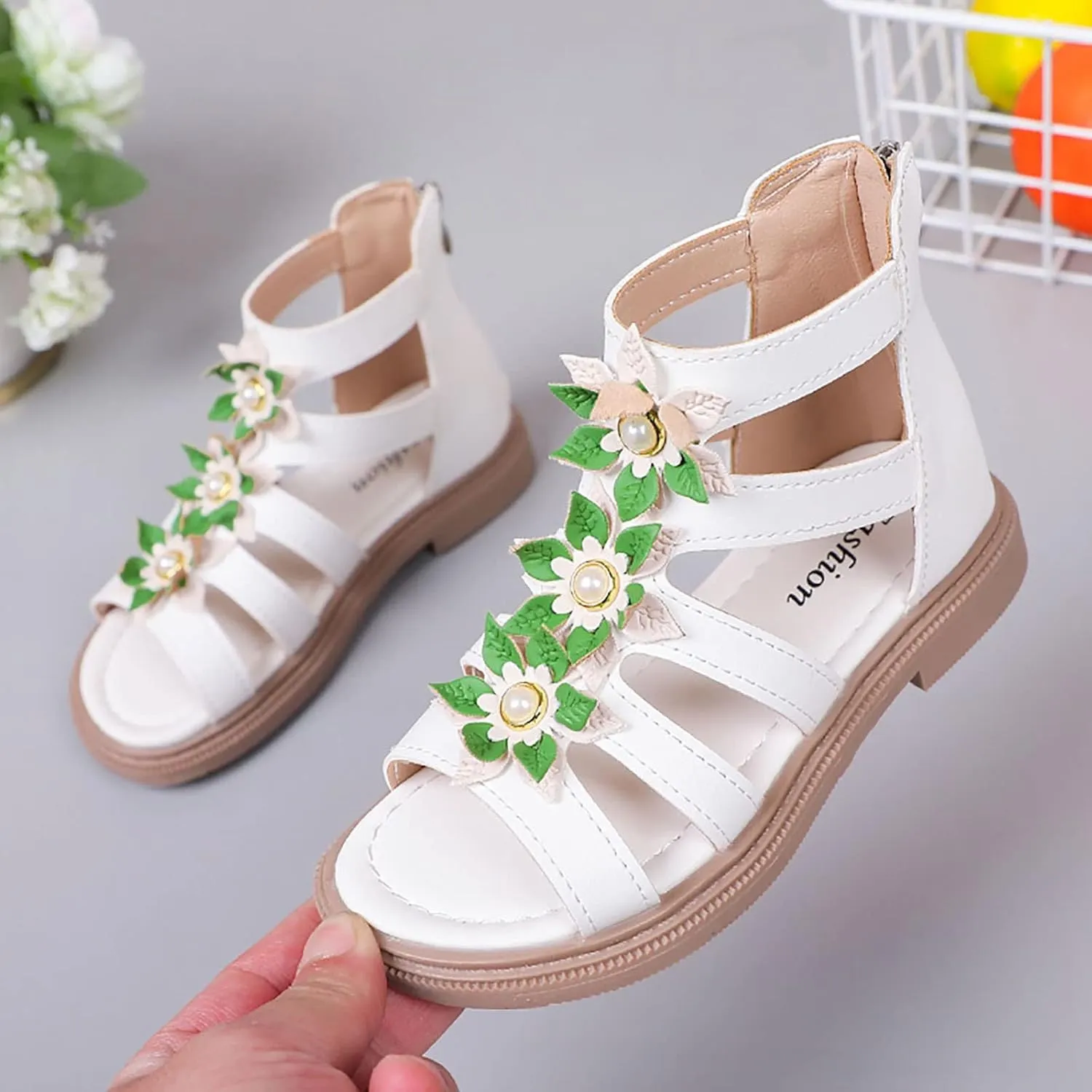 Toddler Kids Flower Girls Sandals Pearl Floral Open Toe Dress Shoes for Wedding Summer Casual Dressy Gladiator Sandal