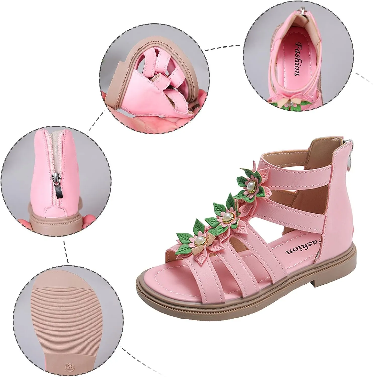 Toddler Kids Flower Girls Sandals Pearl Floral Open Toe Dress Shoes for Wedding Summer Casual Dressy Gladiator Sandal