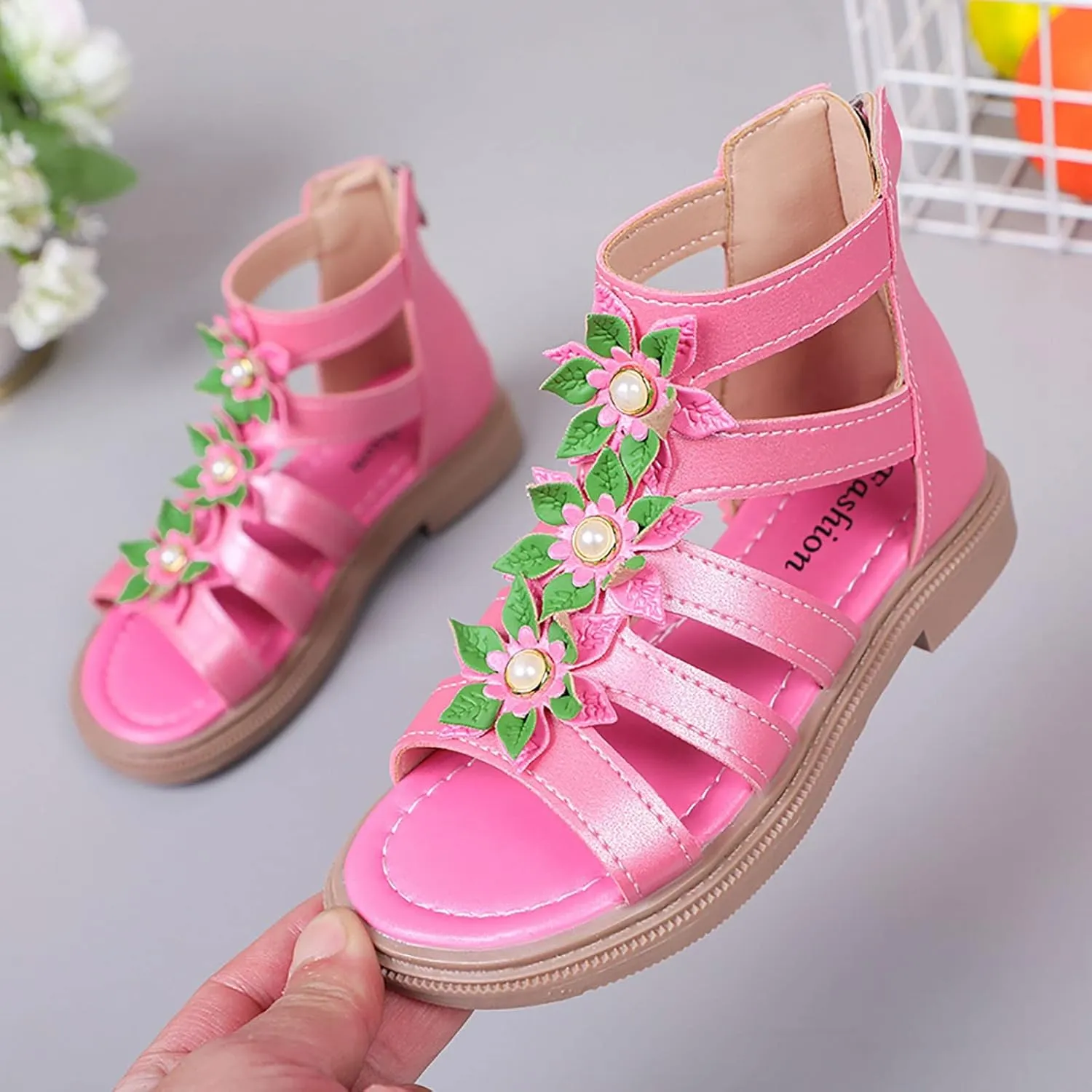 Toddler Kids Flower Girls Sandals Pearl Floral Open Toe Dress Shoes for Wedding Summer Casual Dressy Gladiator Sandal